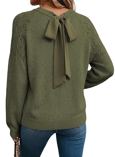 Dokotoo Sweaters for Women Hollow Out Crochet Knit Tops Fall Outfits 2026 | Crewneck, Long Sleeve, Front or Back Bow Knot, Winter Clothing, Cozy Soft Pullover Sweater, Dressy Business Casual Outfits - Green