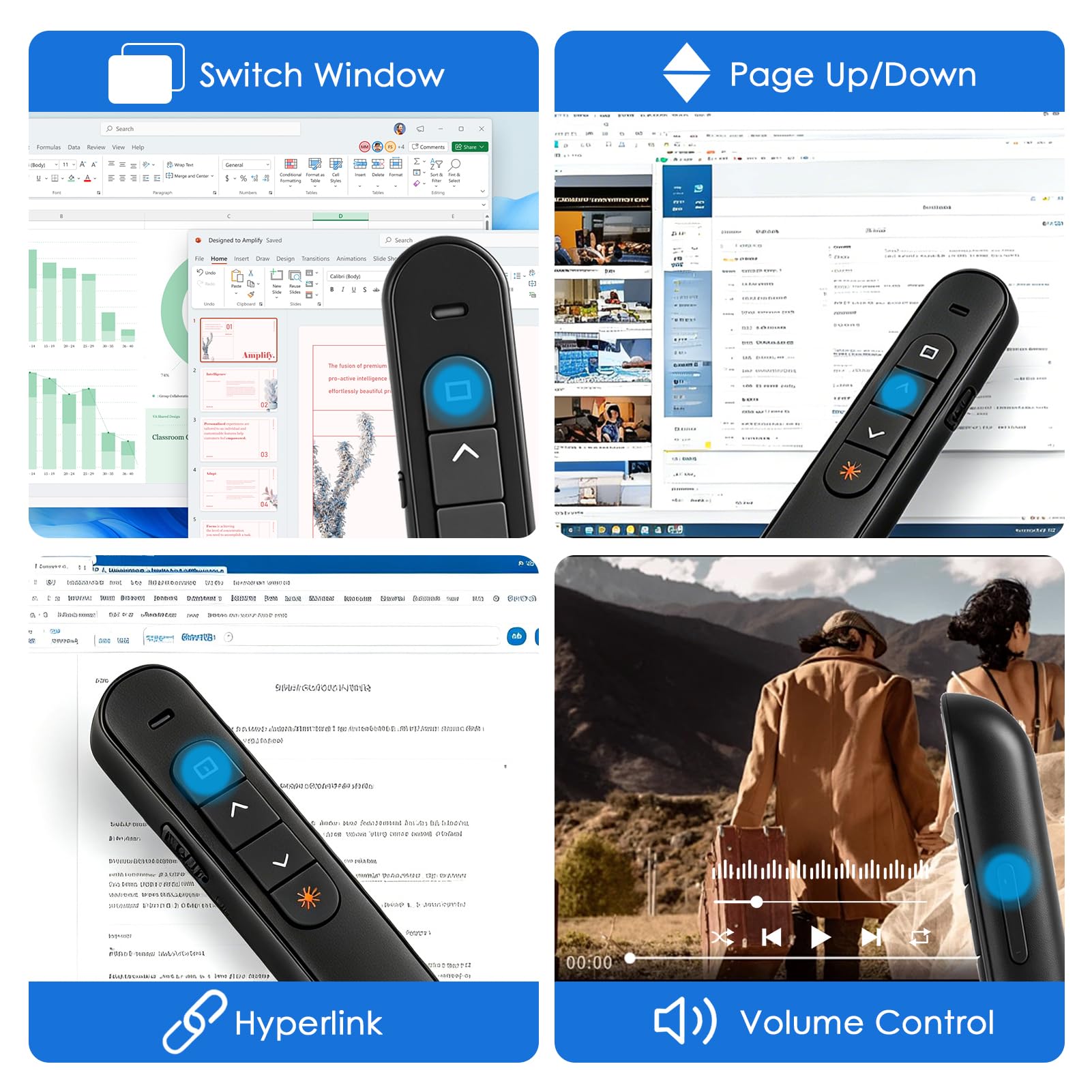 Télécommande de Présentation sans Fil 2-en-1 USB-C & USB-A, Pointeur PowerPoint 2,4 GHz avec Contrôle du Volume et Hyperliens