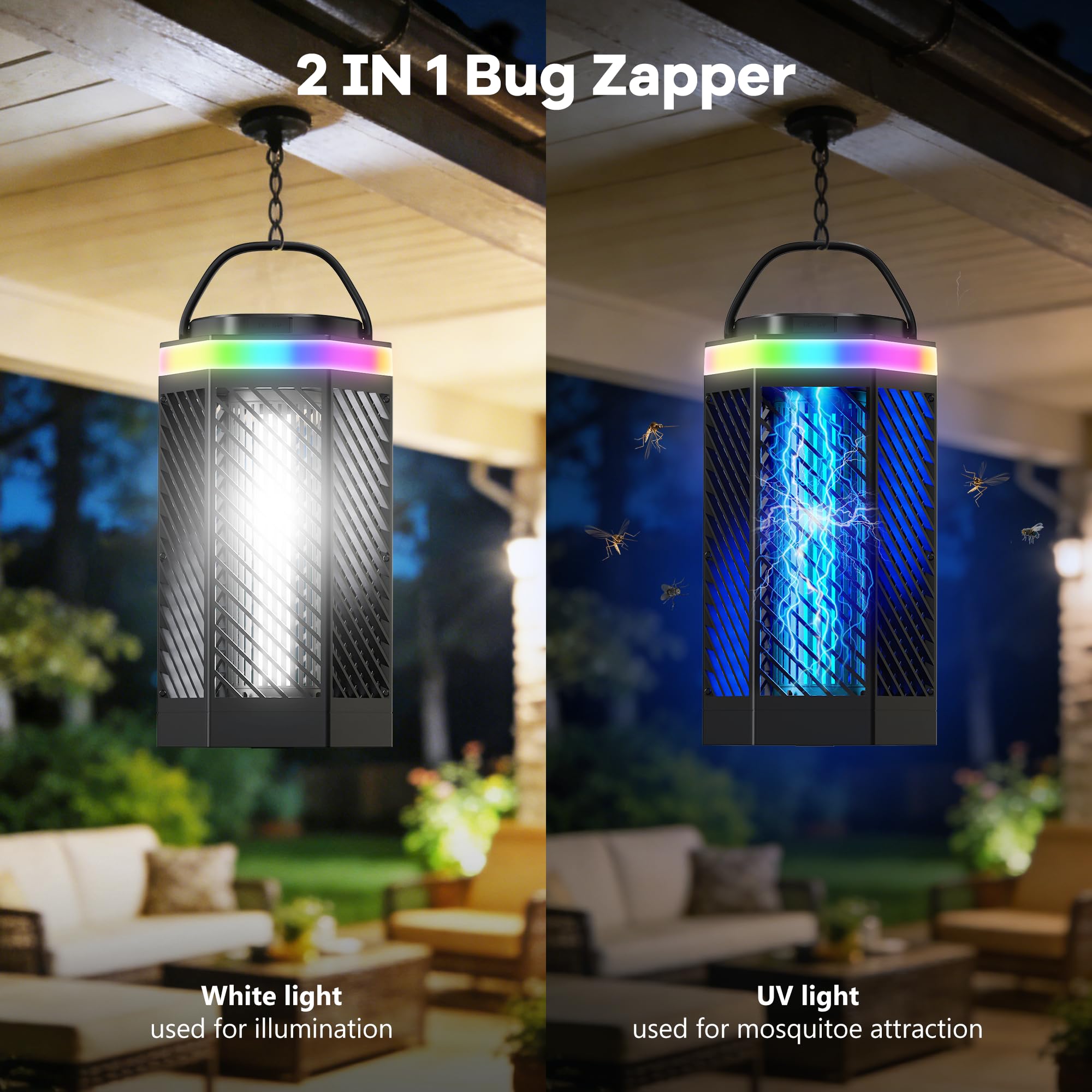Bug Zapper con 4 niveles de luz ambiental, luz de modo dual (morado/blanco), batería de 8000 mAh, cubre 2100 m², seguro para niños y mascotas, repelente de mosquitos para interior y exterior