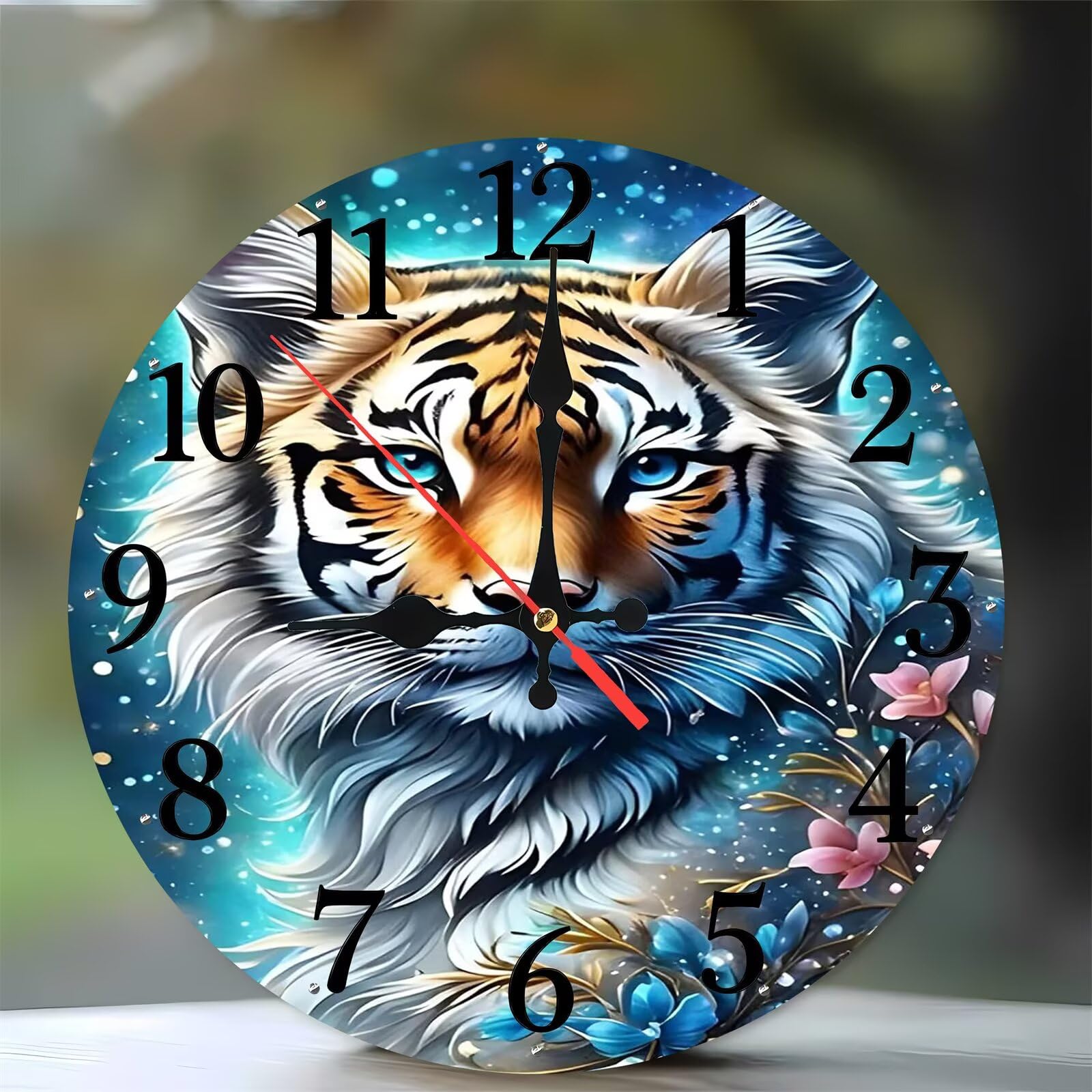 Horloge murale cuisine bois silencieuse 35 cm avec grand motif tigre