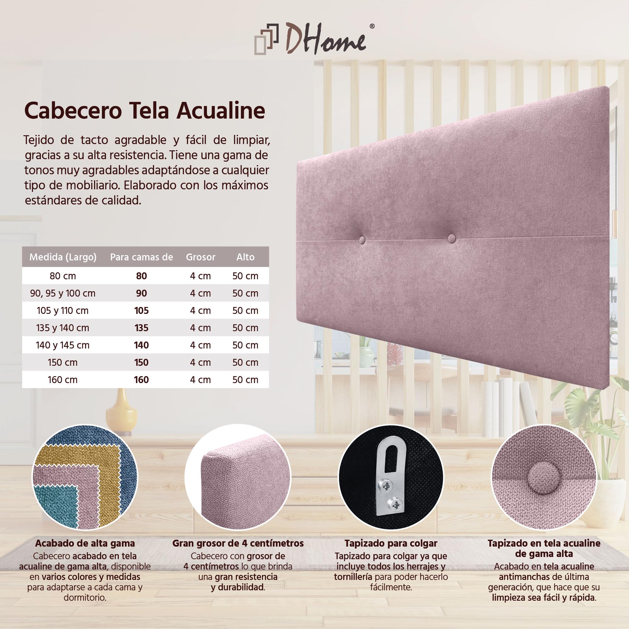 DHOME Cabecero de Polipiel o Tela AQUALINE Pro cabeceros Cabezal tapizado Cama Lujo (Tela Rosa, 105cm (Camas 80/90/105))