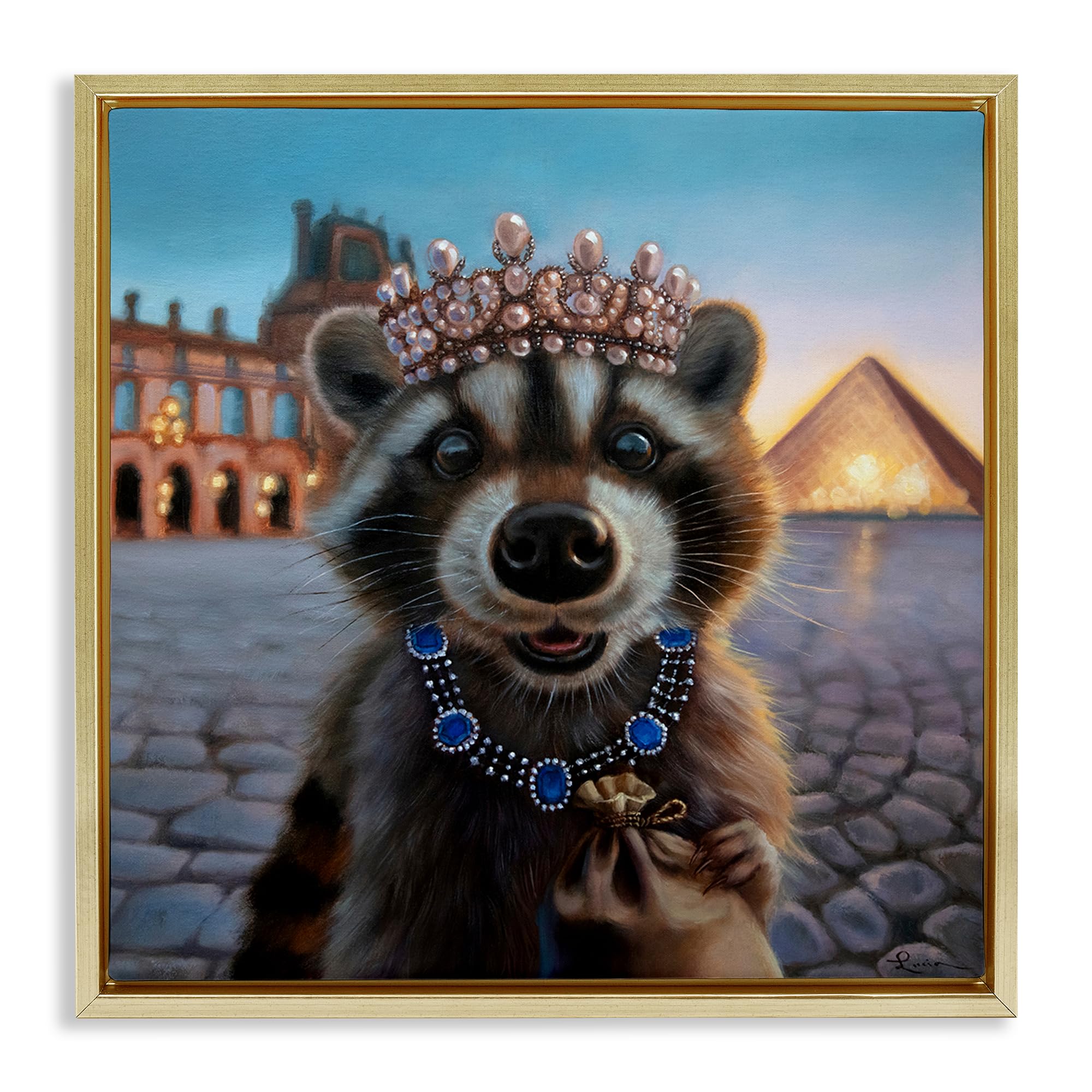 Stupell Industries 'Louvre Loot Raccoon', Floating Frame Canvas Art, Gold, 25 x 25 Inches, Easy to Hang and Sturdy, Made in USA, by Lucia Heffernan