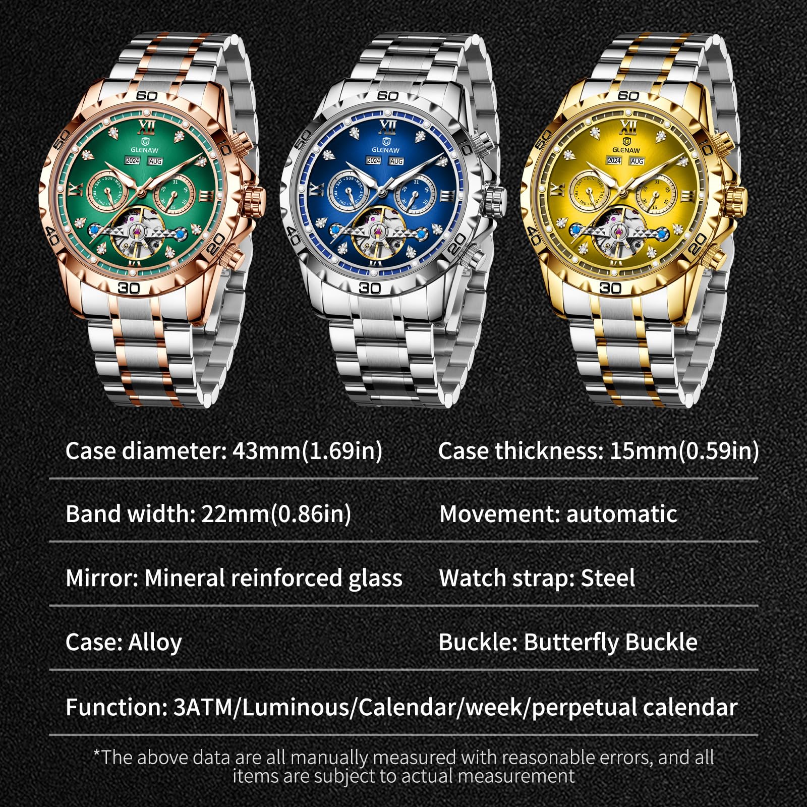 GLENAW Reloj automático para hombre, esqueleto con números romanos, esfera de diamante, acero inoxidable, impermeable, para el día, fecha, negocios, casual