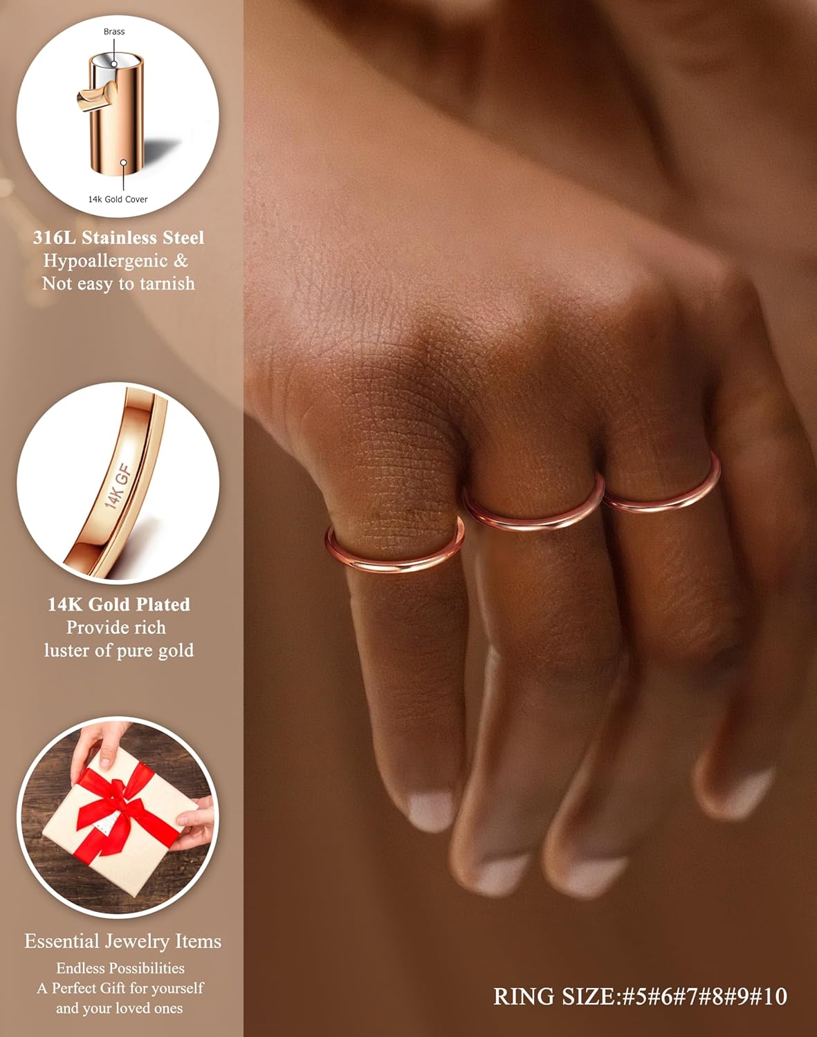 LOYALLOOK 1.5mm 14K Gold Filled Stacking Rings for Women - Stainless Steel Plain Thin Knuckle Thumb Statement Midi Band Rings - Comfort Fit Silver/Gold/Rose Tone, 3PCS - Image 3