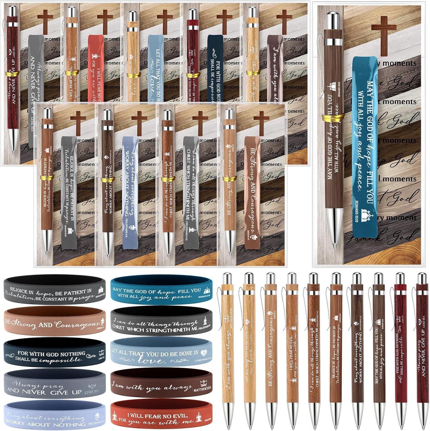 Spakon 50 Sets Christian Gifts Bulk Bible Verses Pens Christian Silicone Bracelets Religious Paper Bookmarks for Women Men Sunday School Church Priest Mother's Father's Day (Black,Classic)