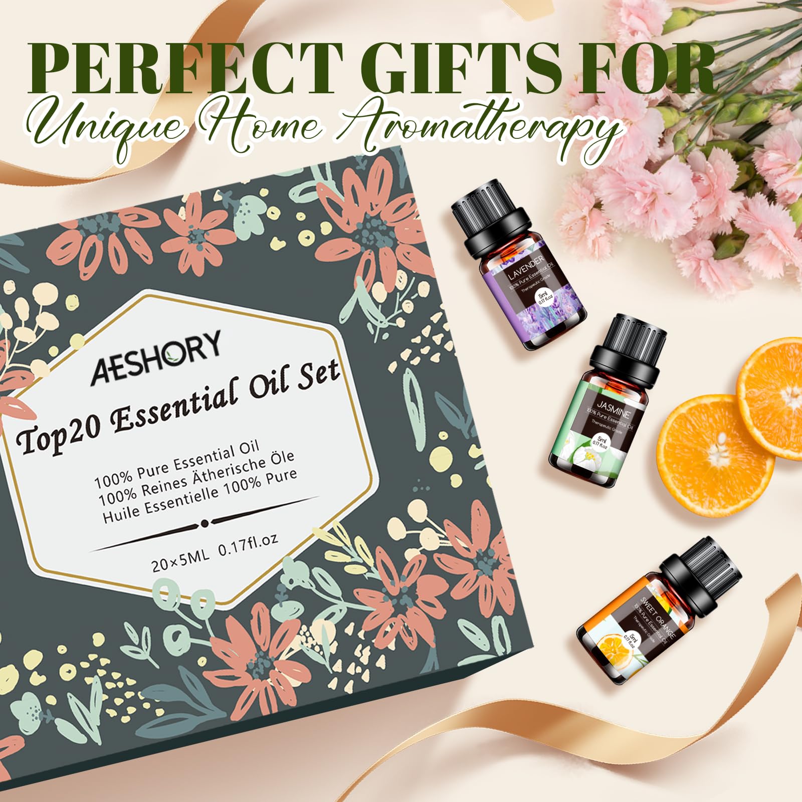 AESHORY Set di Oli Essenziali per Diffusori Umidificatore 20 x 5ML, Olio Essenziale Naturali per Aromaterapia, Candele Fai Da Te, Profumate, Massaggio, SPA - Lavanda, Tea Tree, Citronella, Incenso