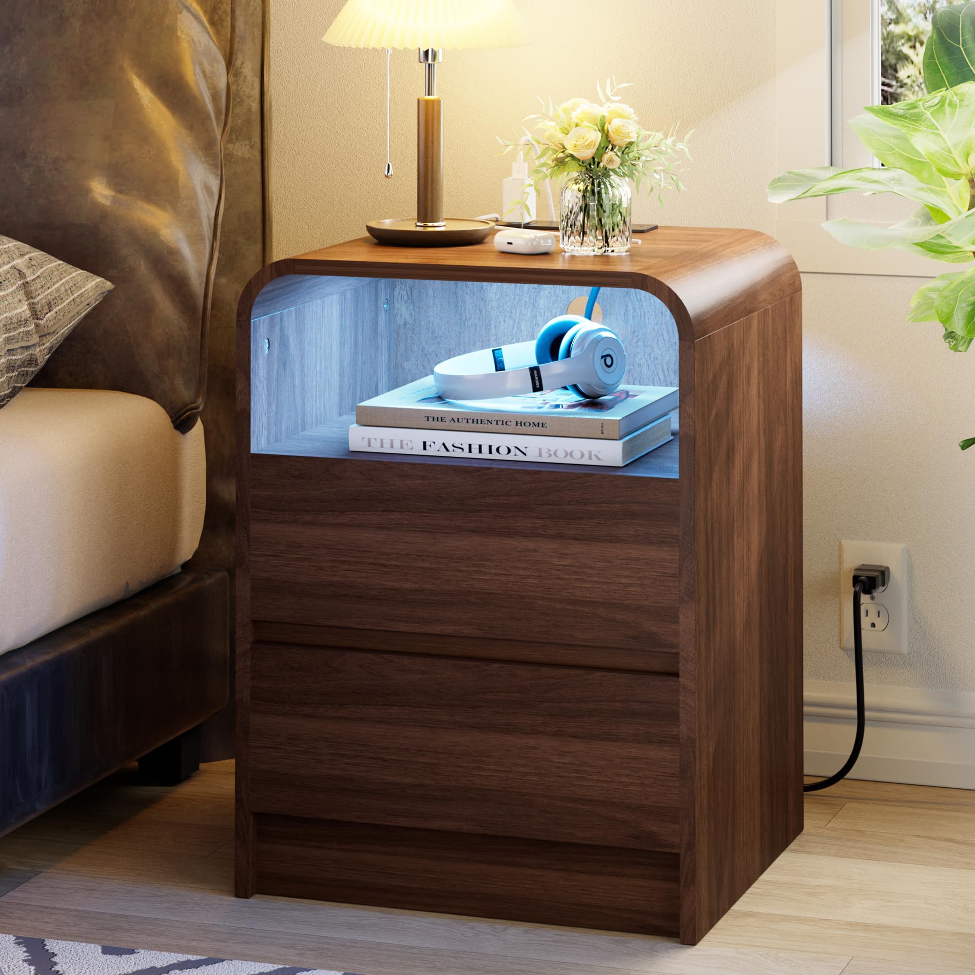 FavourLife Night Stand, Led Nightstand, Handleless 2 Drawer Nightstand with Charging Station, Modern End Table with Open Shelf, Wooden Bedside Table w