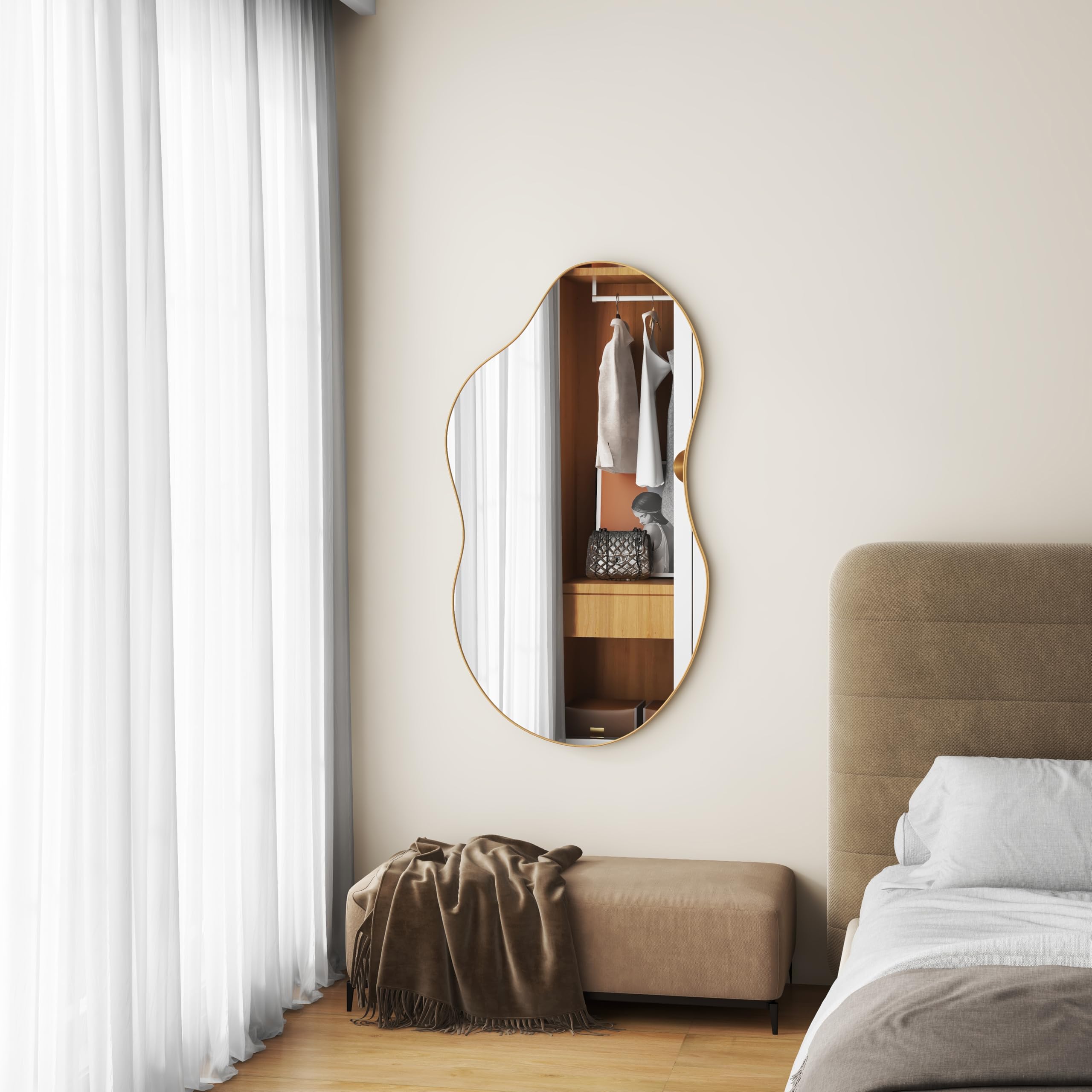 SHYFOY Espejo Grande Asimétrico de Pared Decorativo - Marco de Metal Dorado - 110 x 56 cm para Salón, Pasillo, Entrada, Baño