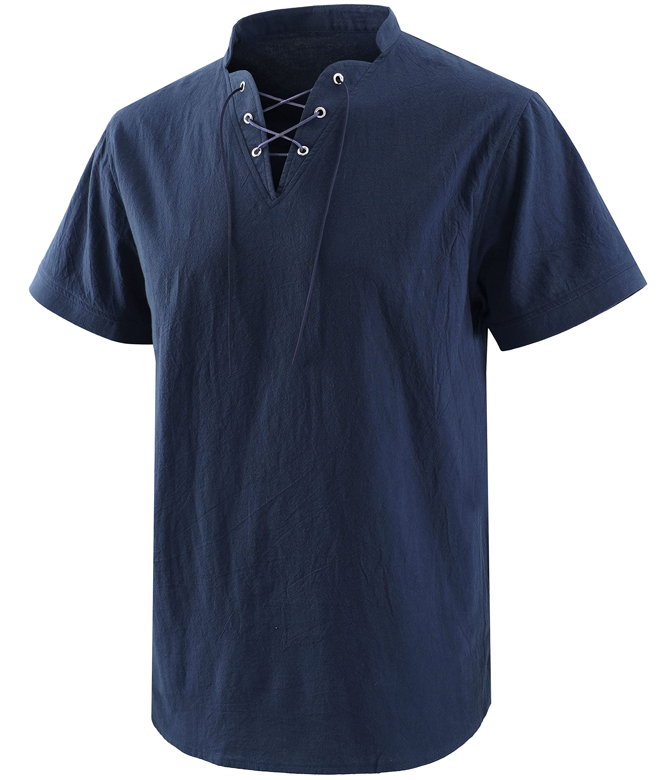KJIAKJN Cotton Medieval Renaissance Shirt Men Short Sleeve Viking Celtic V-neck Lace-up Henry Tunic Loose Pirate T-Shirts