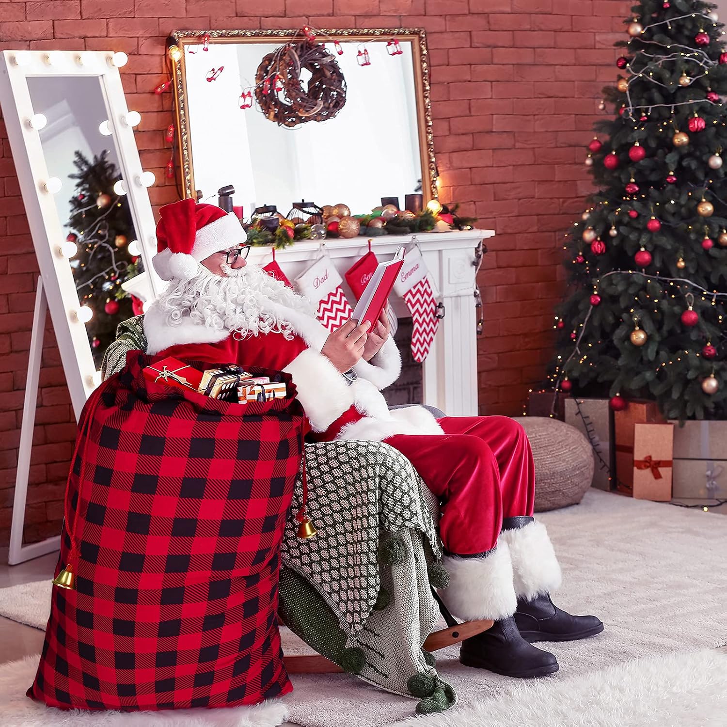 Aneco 2 Packs 37 x 27 Inches Buffalo Plaid Drawstring Bag Jumbo Size Holiday Santa Present Bag Large Cotton Storage Bags with 24 Pieces Kraft Tags and Bell for Storing Christmas Gifts