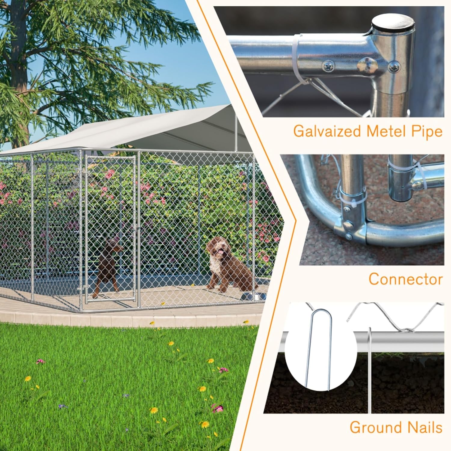 Heavy Duty Outdoor Dog Kennel 14.8x14.8x7.6 ft, Galvanized Chain Link Playpen with Waterproof Anti-UV Cover, Secure Lock, Large Exercise Pen for Puppy & Pets
