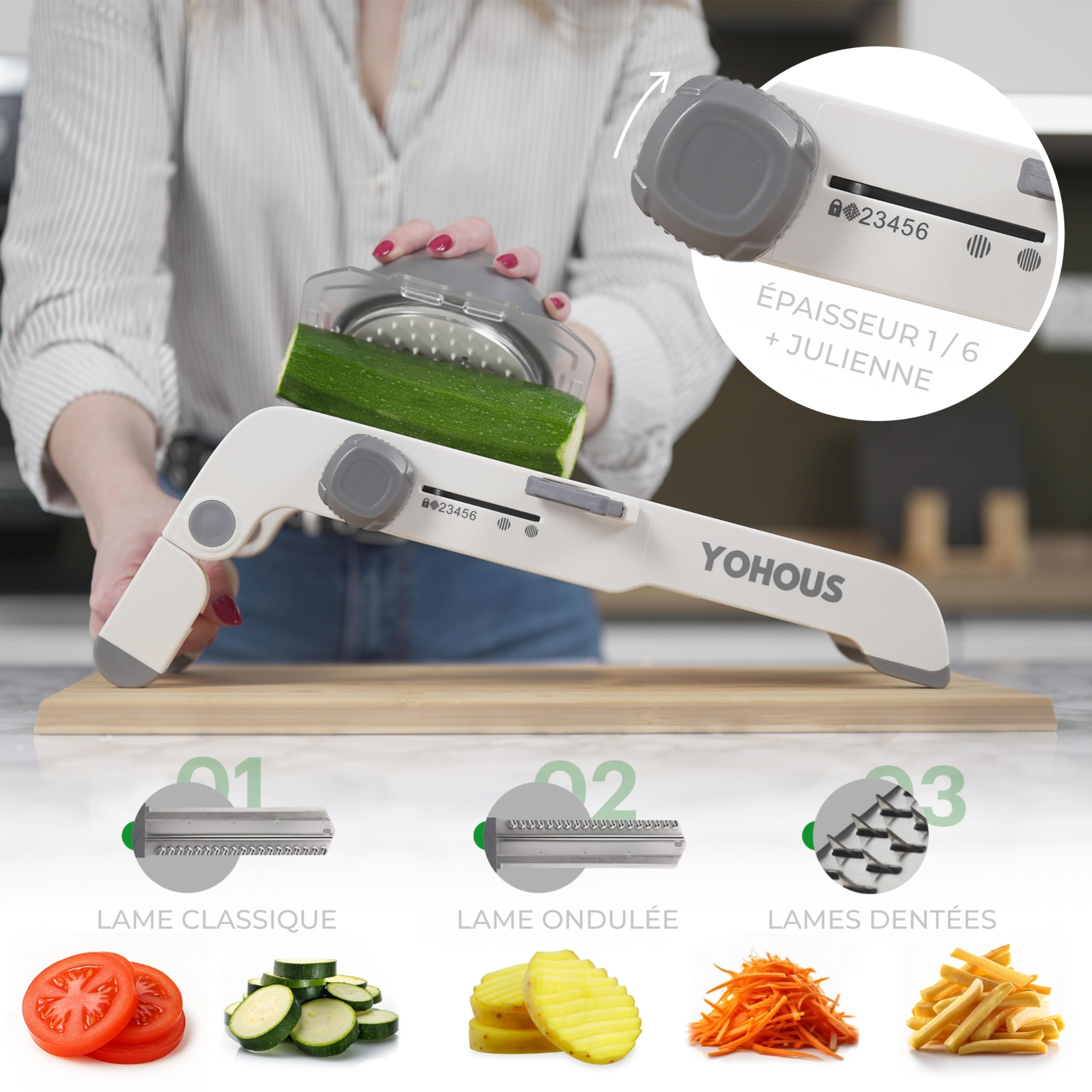 Mandoline Cuisine Professionnelle Réglable - Coupe Legumes multifonctions en Acier Inoxydable - Taille Legume en Julienne, en Dés et en Fines Tranches