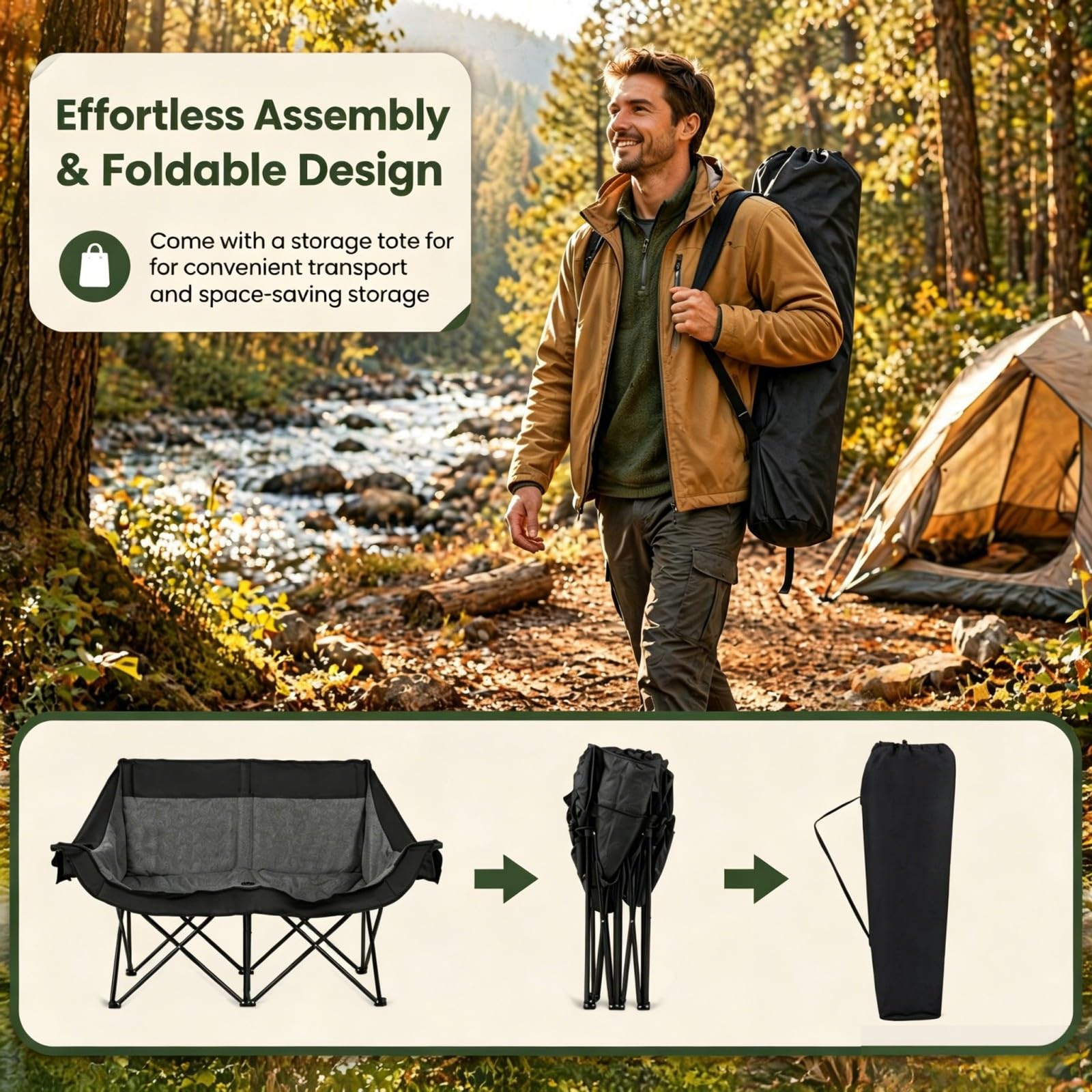 GOPLUS Silla de Camping para 2 Personas con Calefacción,Carga 300 kg | Sillón Plegable Acolchado con 3 Niveles de Calefacción, Portavasos, Bolsillos y Bolsa de Transporte para Campaña y Jardín