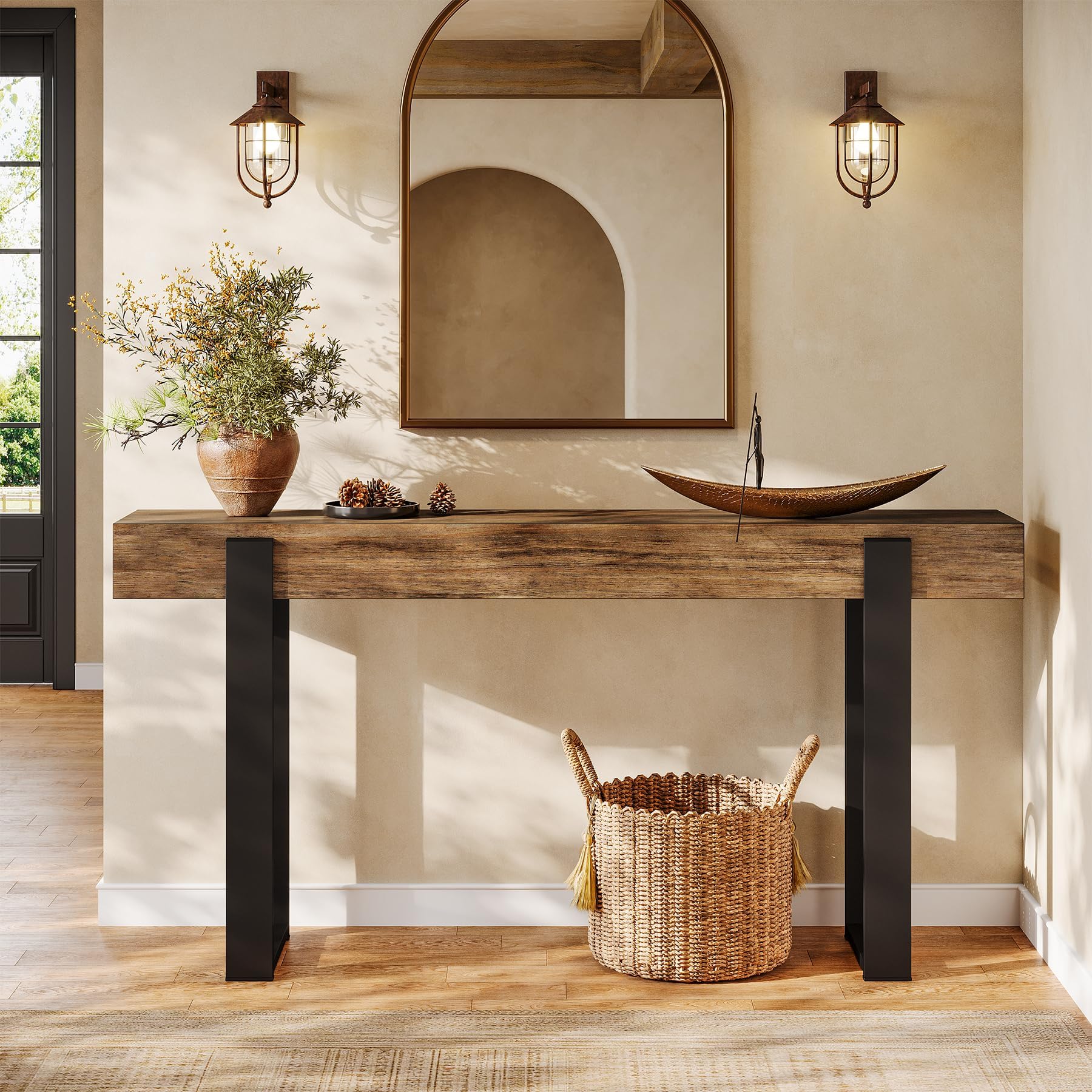 Tribesigns Konsolentisch Massivholz, 160 cm, mit Metallgestell, ideal für die Couch, Eingangsbereich, Flur im Landhausstil, rustikales Braun & Schwarz