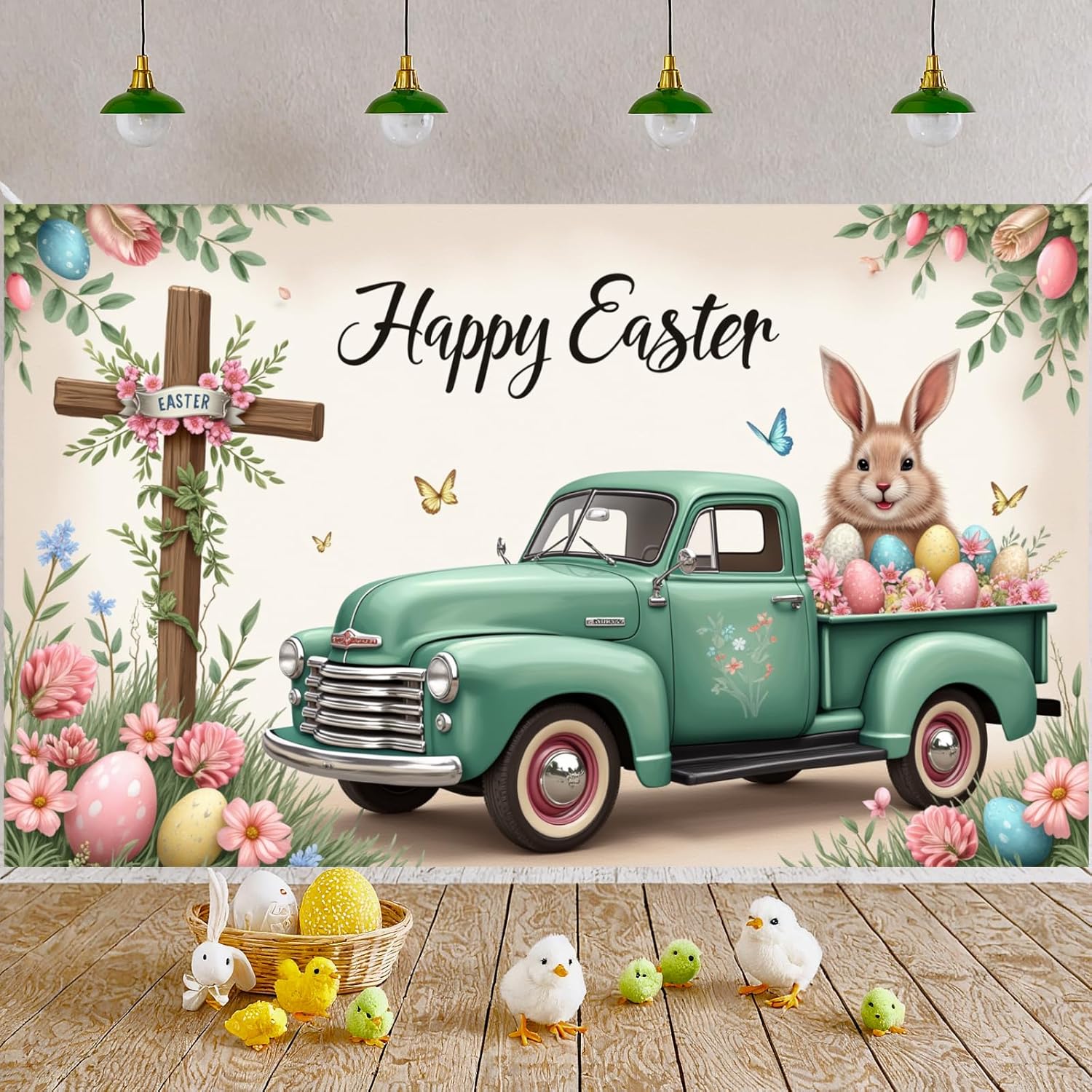 Happy Easter Backdrop Banner with 20ft Rope 71 x 43 Inch Vintage Green Truck Bunny Eggs Decoration Rustic Farmhouse Spring Background for Kids Egg Hunt Party