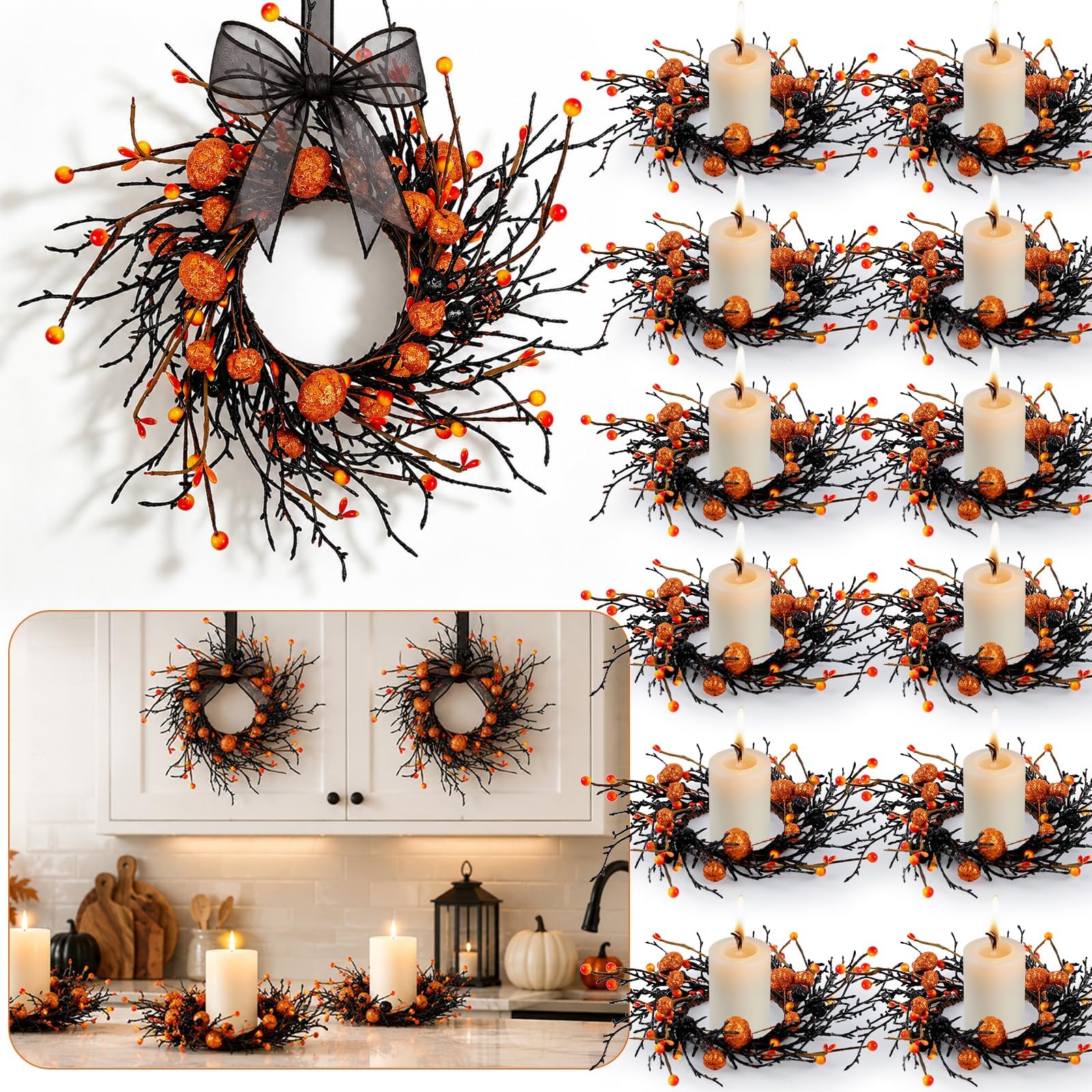 12 PCS Halloween Candle Rings Wreaths Black Orange Cabinets Wreath