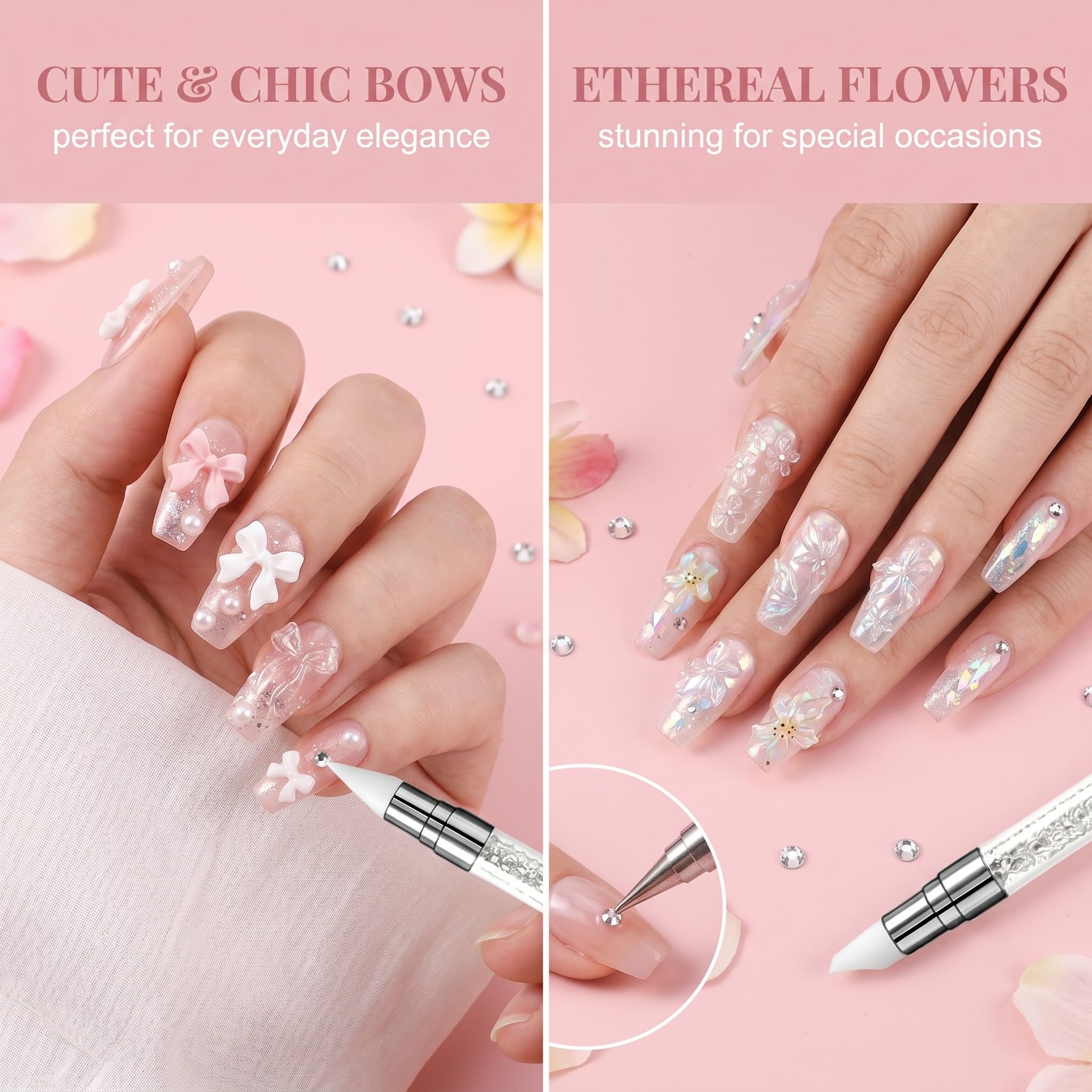 2 Pezzi Stampi per Unghie in Silicone 3D con Penna, Formine per Decorazioni Nail Art a Forma di Fiori e Fiocchi, Stampo Trasparente per Manicure Fai da Te, Accessori Professionali per Unghie