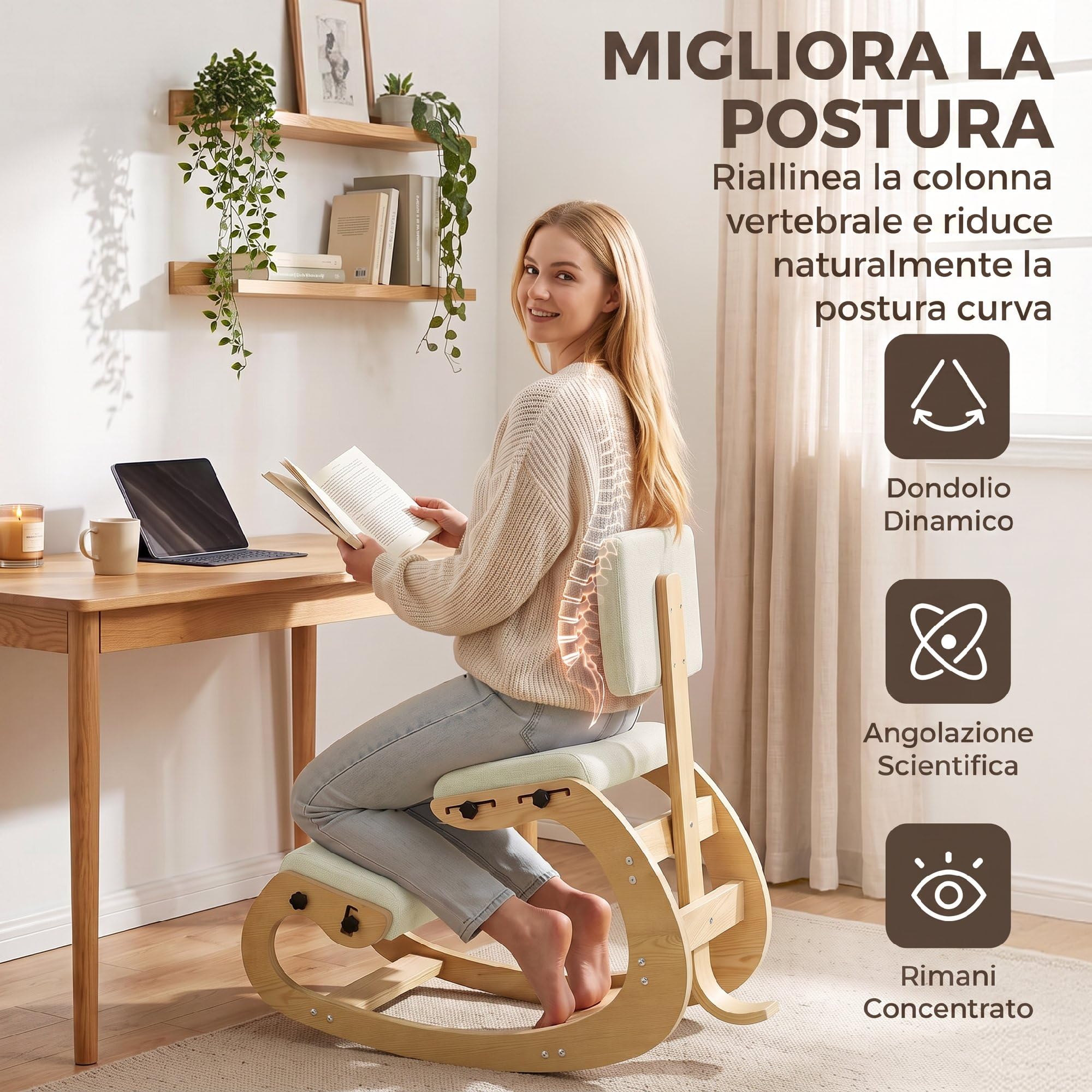 HOMCOM Silla ergonómica de Rodillas con Respaldo, Base Mecedora de Abedul, Tela Tipo Lino y Espuma, para casa/Oficina, Blanco Crema
