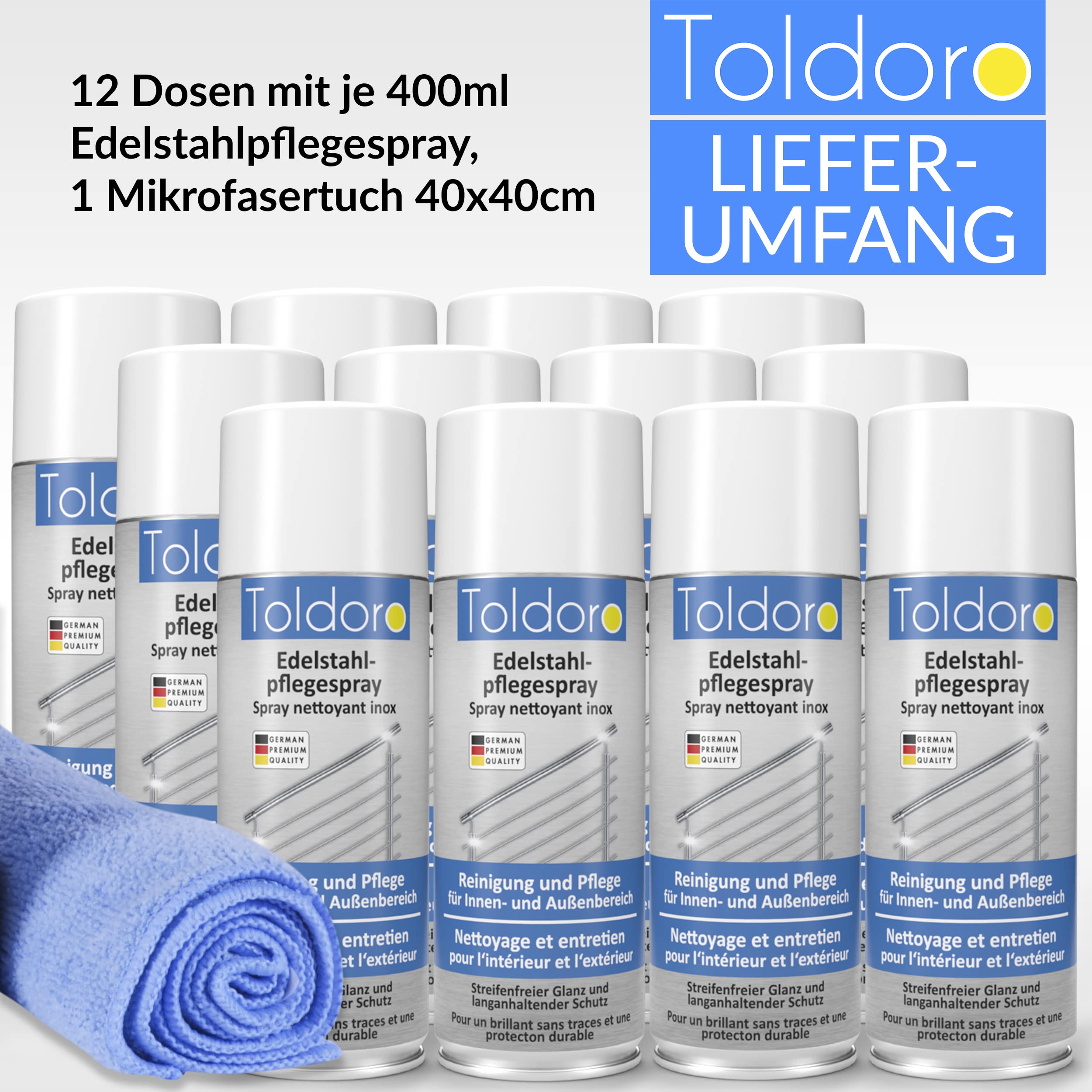 Toldoro Set di 12 spray per la cura dell'acciaio inossidabile da 400 ml e 1 panno in microfibra da 40 x 40 cm / detergente in acciaio inox per barbecue, cucina / acciaio inox spray come detergente in