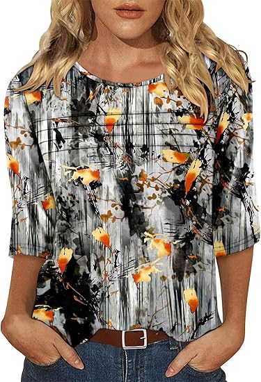 KISSMODA Women's Casual 3/4 Sleeve T-Shirts Round Neck Cute Tunic Tops Basic/Pleated Summer Tops Trendy Spring Blouses