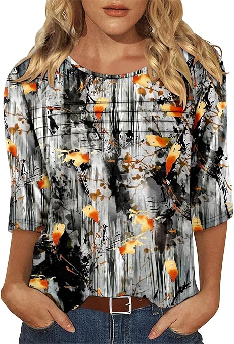 KISSMODA Women's Casual 3/4 Sleeve T-Shirts Round Neck Cute Tunic Tops Basic/Pleated Summer Tops Trendy Spring Blouses