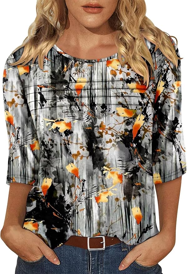 KISSMODA Women's Casual 3/4 Sleeve T-Shirts Round Neck Cute Tunic Tops Basic/Pleated Summer Tops Trendy Spring Blouses