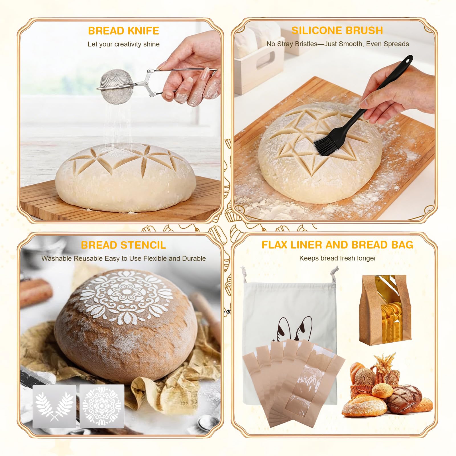 Cestino da Lievitazione per Pane, Set Lievitazione Pane 25cm Ovale & 23cm Rotondo, Kit Completo di Lievito Madre con Barattolo per Levito Madre, Accessori per la cottura del pane per Principianti