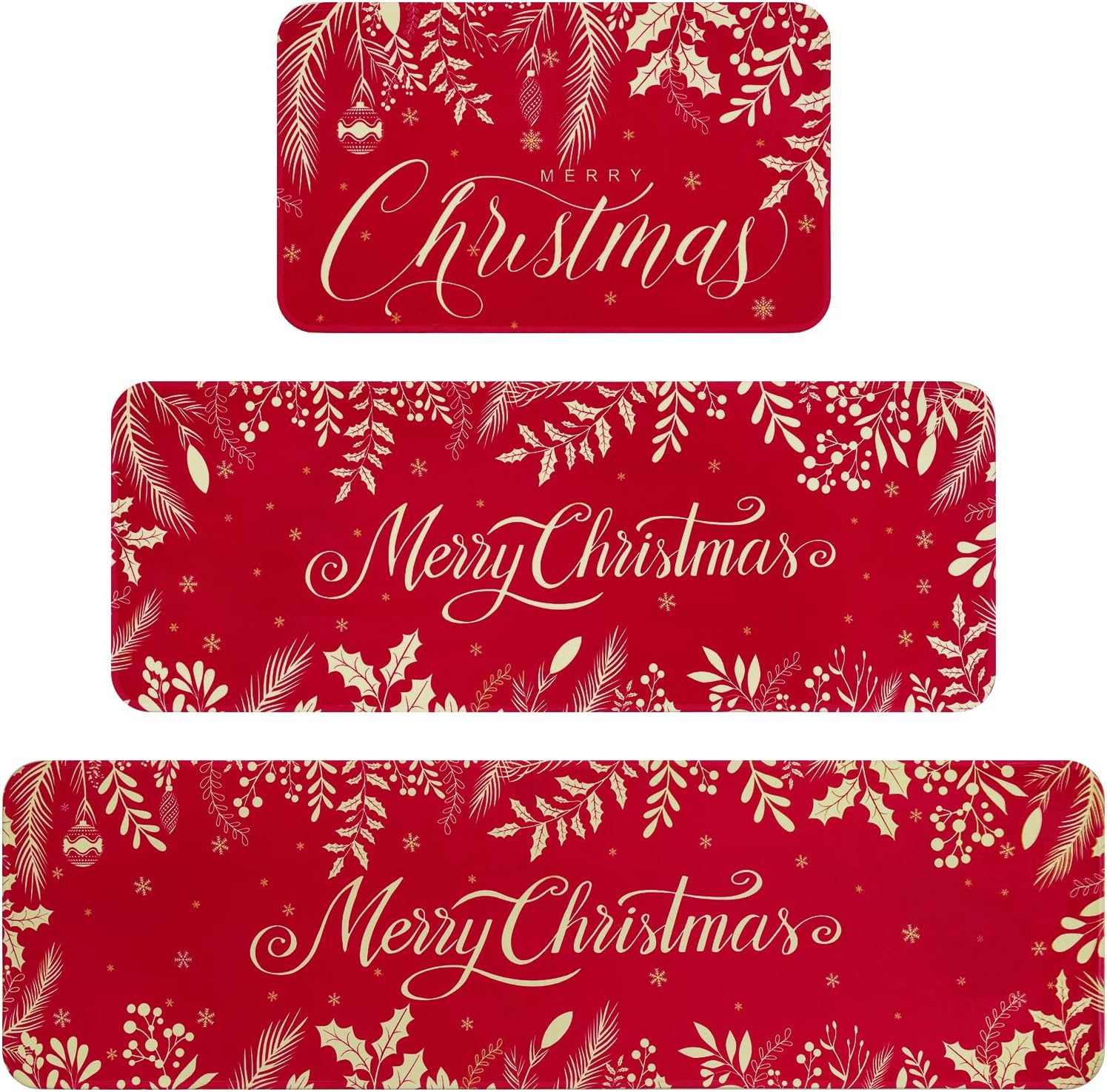 Christmas Kitchen Rug Sets of 3, Xmas Holly Pine Branches Leaves Kitchen Mats for Floor Non Slip Kitchen Rugs and Mats Washable Absorbent Kitchen Runner Rugs Decor, 17" x 30"+17'' x 47''+17'' x 60''