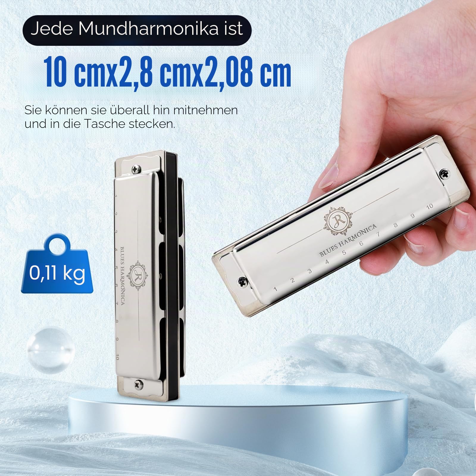 JDR North Mundharmonika C-Tonart 10 Löcher 20 Töne Blues Harfe Diatonische Mundorgel Armonika mit EVA-Schutzhülle für Erwachsene Anfänger Profis Fortgeschrittene Rock Jazz Geschenk Silber