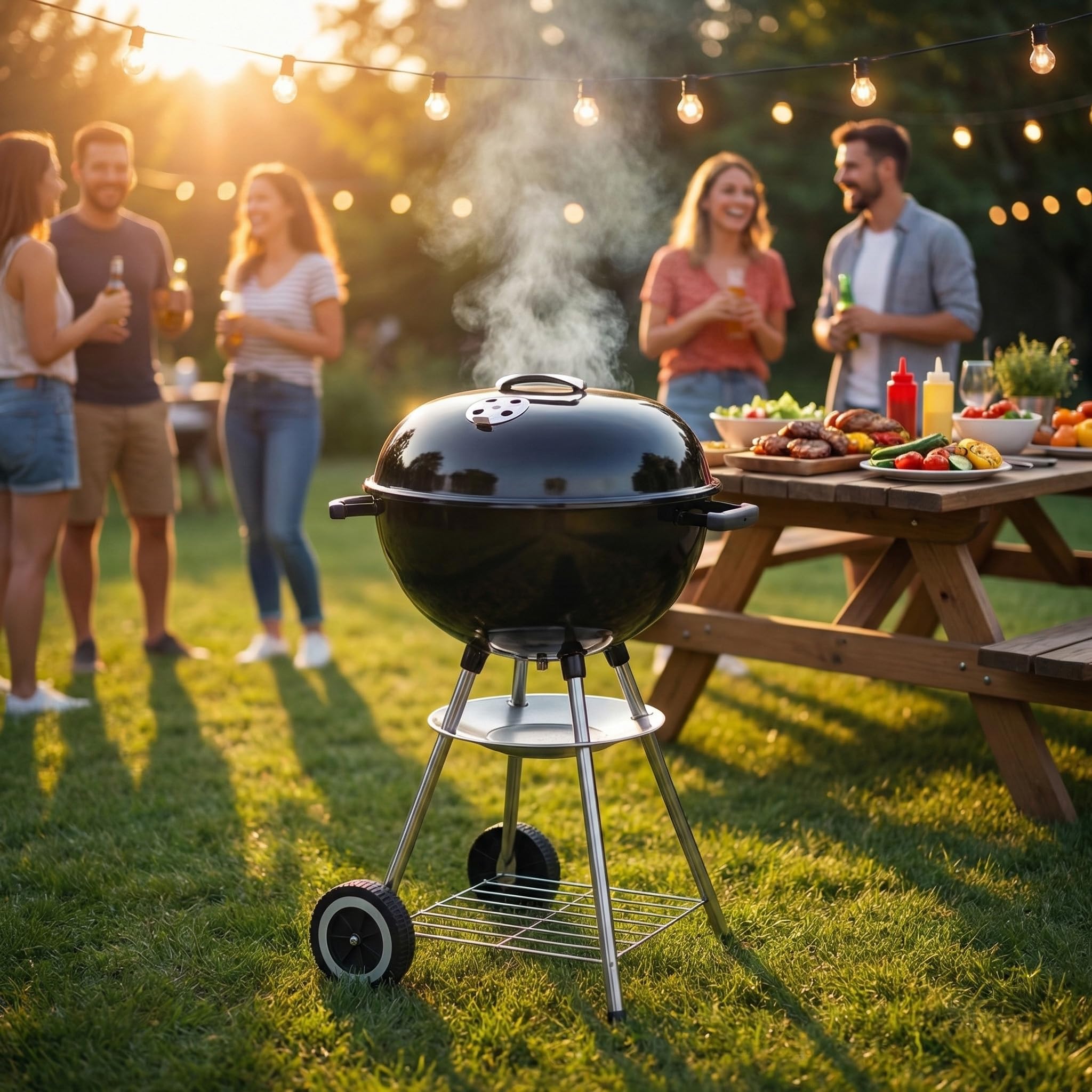 Barbecue Tondo Nero 48x72h cm Con Struttura In Acciaio e Coperchio - Giardino, Multifunzione, Terrazzo, Campeggio, Trasportabile, Griglia -BBQ con Ruote