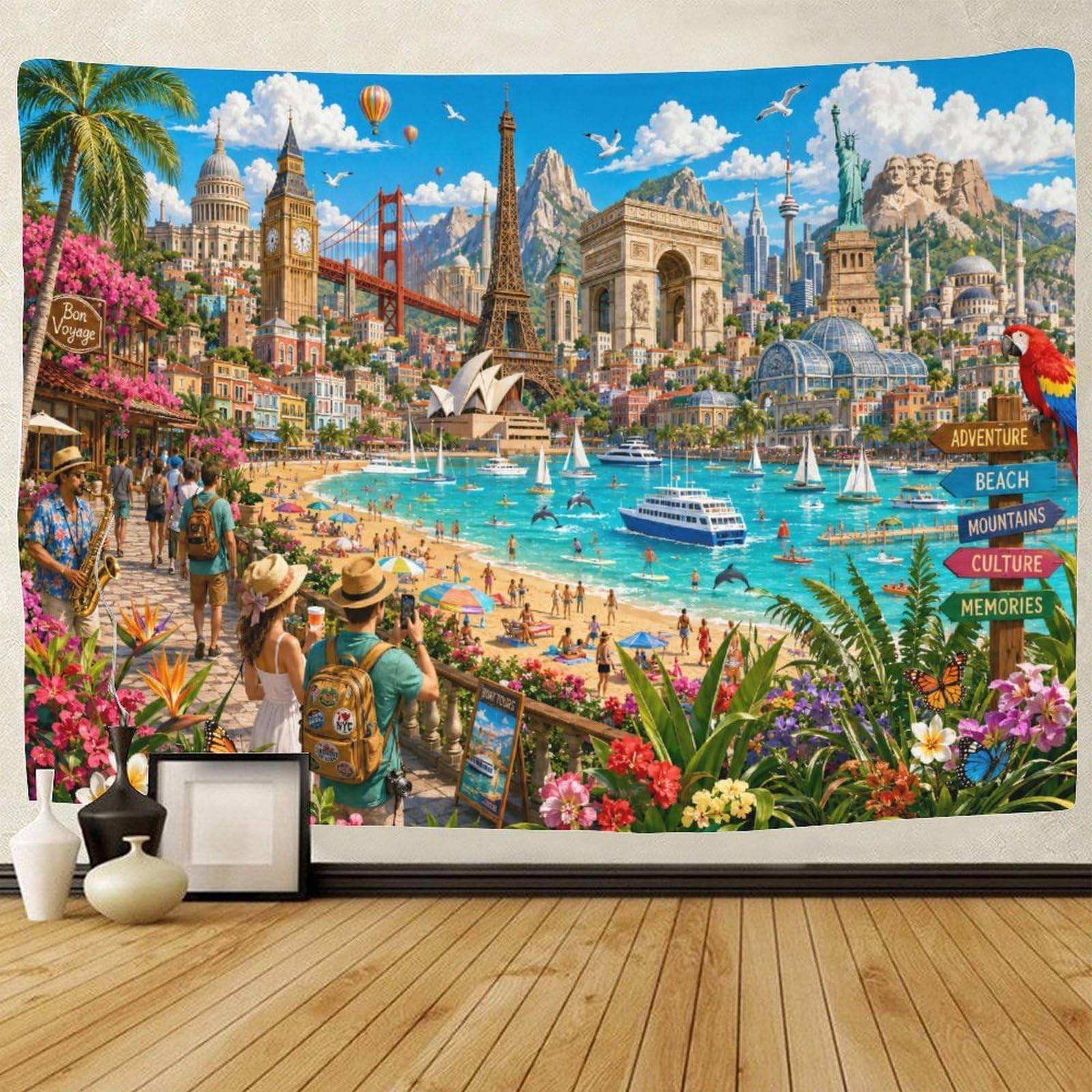 GPMNBCXZK World Famous Landmarks Collage Wall Art Decor 3D Print Wall Tapestry Tapestries Poster Curtain Bedroom College Dorm 180cmx230cm