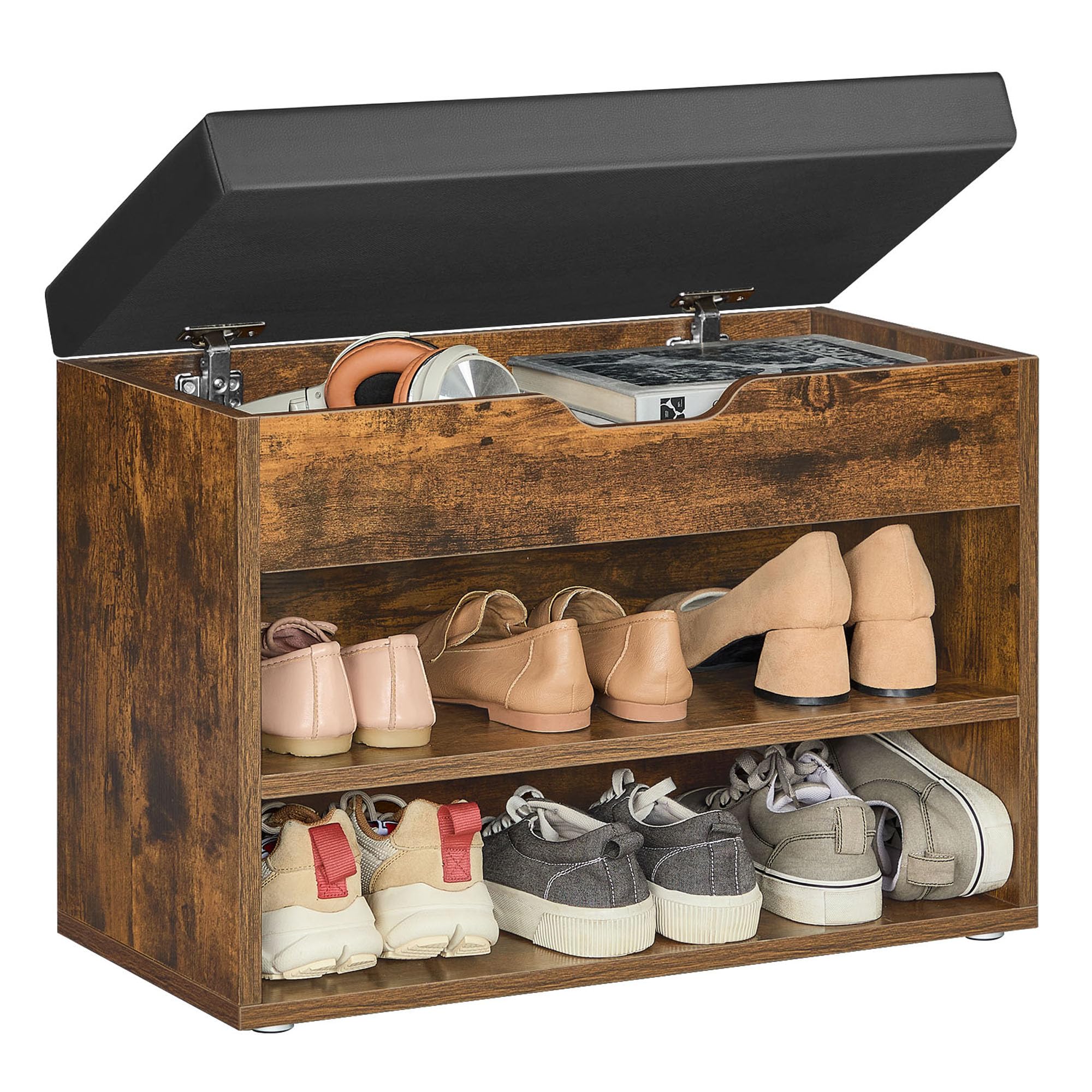 VASAGLE Shoe Bench with Cushion, Storage Bench with Padded Seat, Entryway Bench with 3 Storage Compartments, 11.8 x 23.6 x 17.3 Inches, for Bedroom,