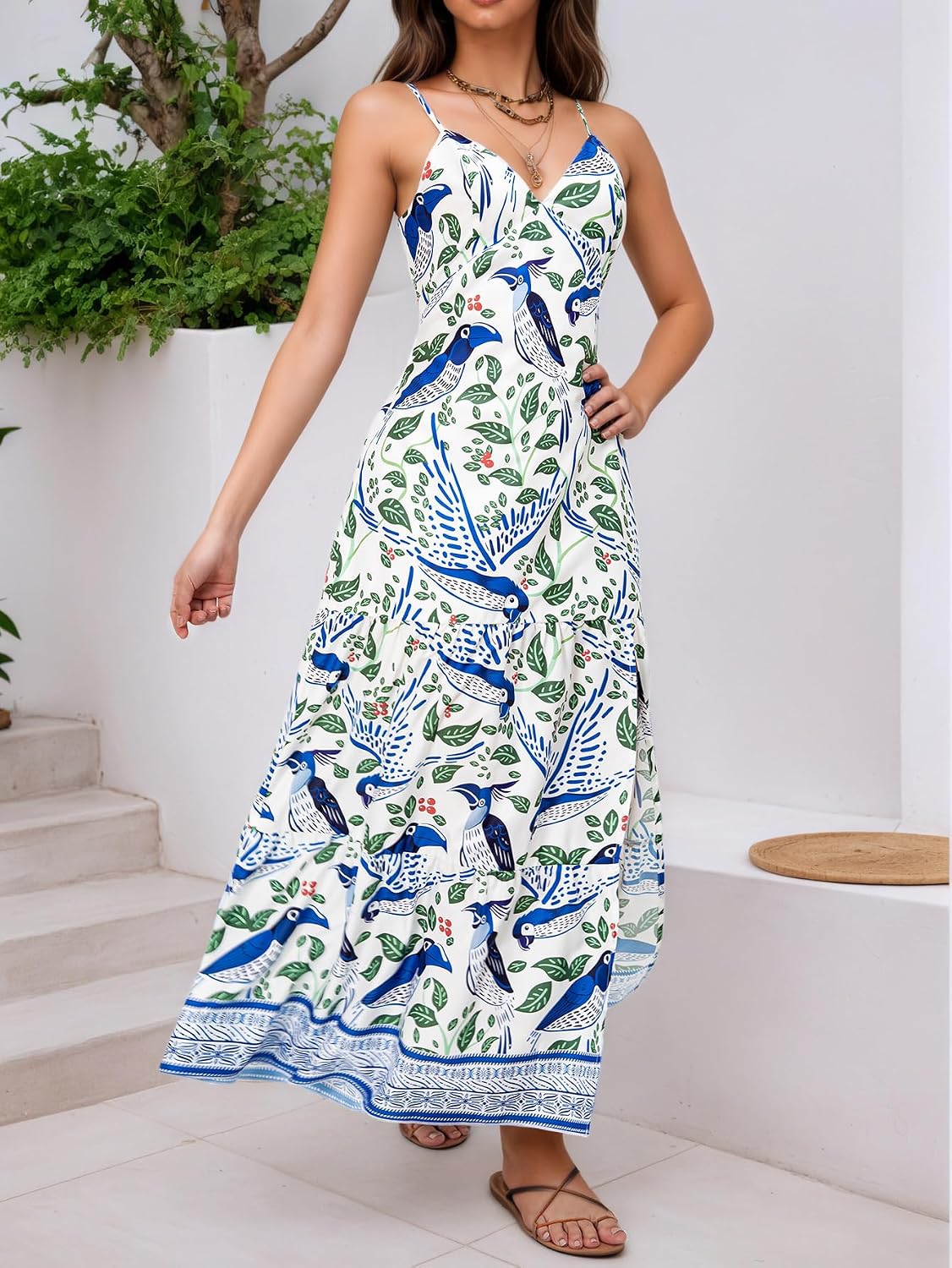 YHYJMY Summer Dress for Women 2025 Casual Sundress Spaghetti Strap V Neck Sleeveless Beach Vacation Long Boho Maxi Dresses