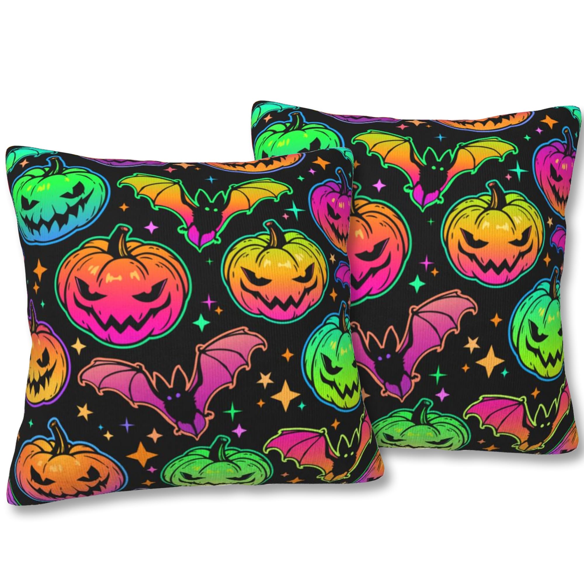 FOISIIAEA Halloween Decorations Pillowcases Set of 2 18x18 in Neon Pumpkins and Bats Decorative Throw Pillow Covers Holiday Farmhouse Pillow Case Decor for Home Party Car Couch