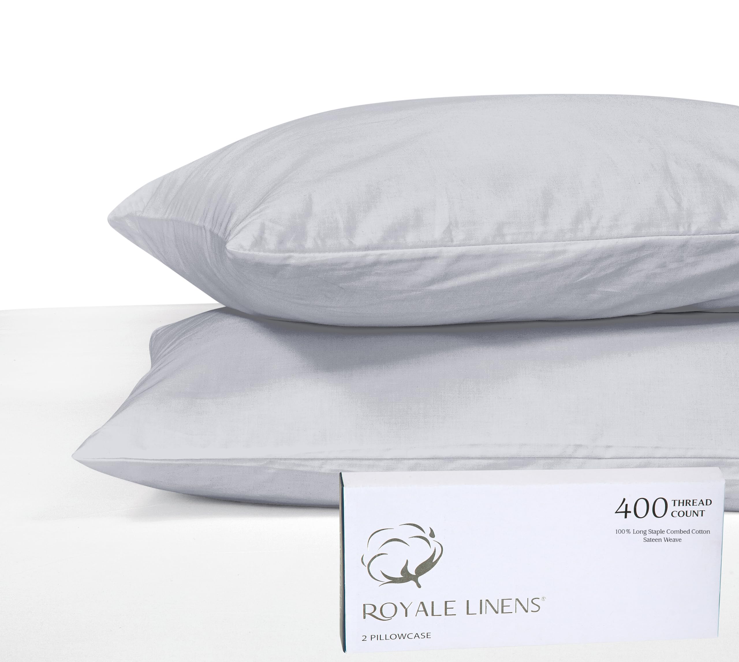 ROYALE LINENS400 Thread Count 100% American Grown Cotton Pillowcase Set - Luxury Sateen King Pillow case - 20"x40" Inch Soft & Smooth Set of 2 Silver Pillowcases - (King, Spanish Silver)