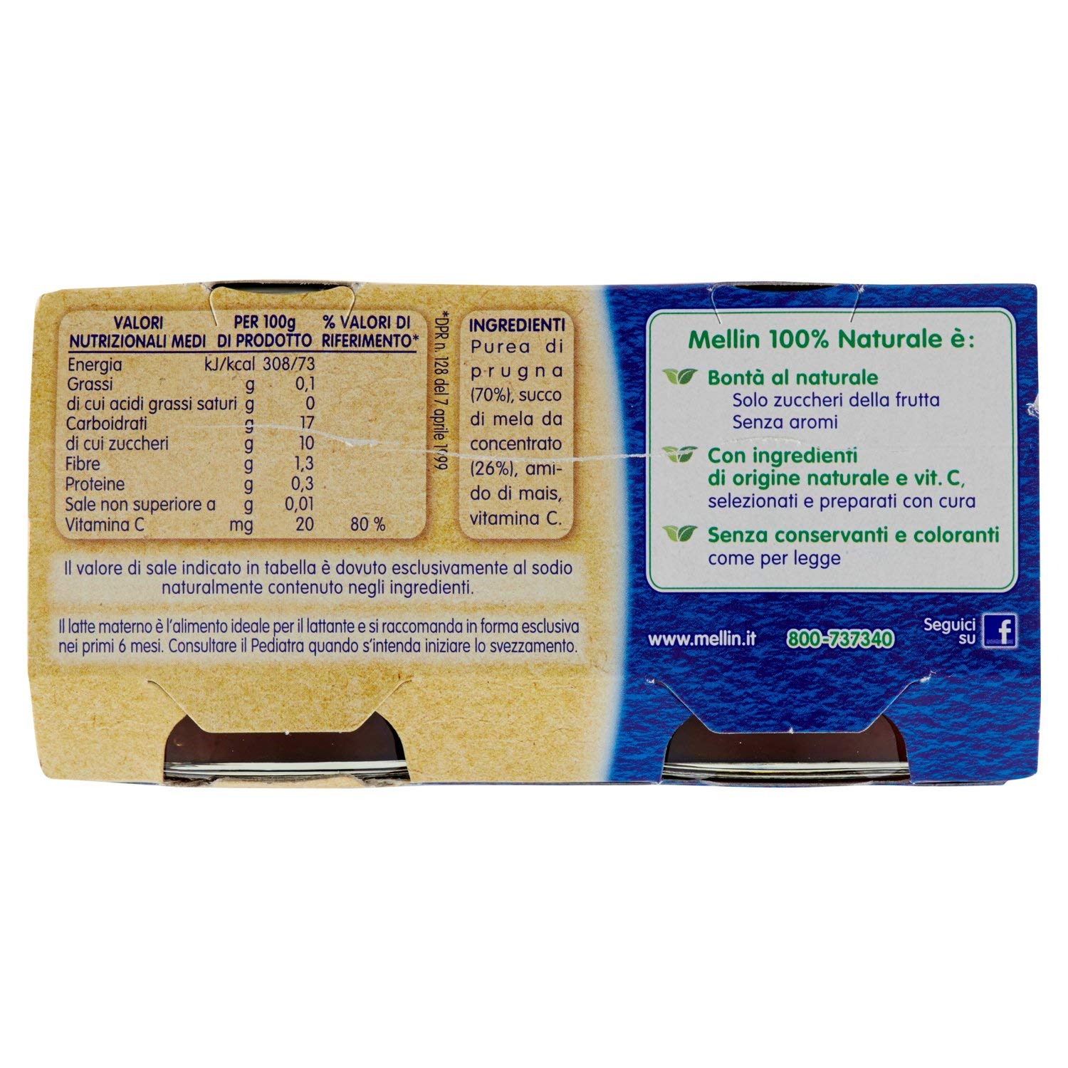 Mellin Omogeneizzato Di Frutta Prugna con Mela 100% Naturale – 24 Vasetti da 100 gr
