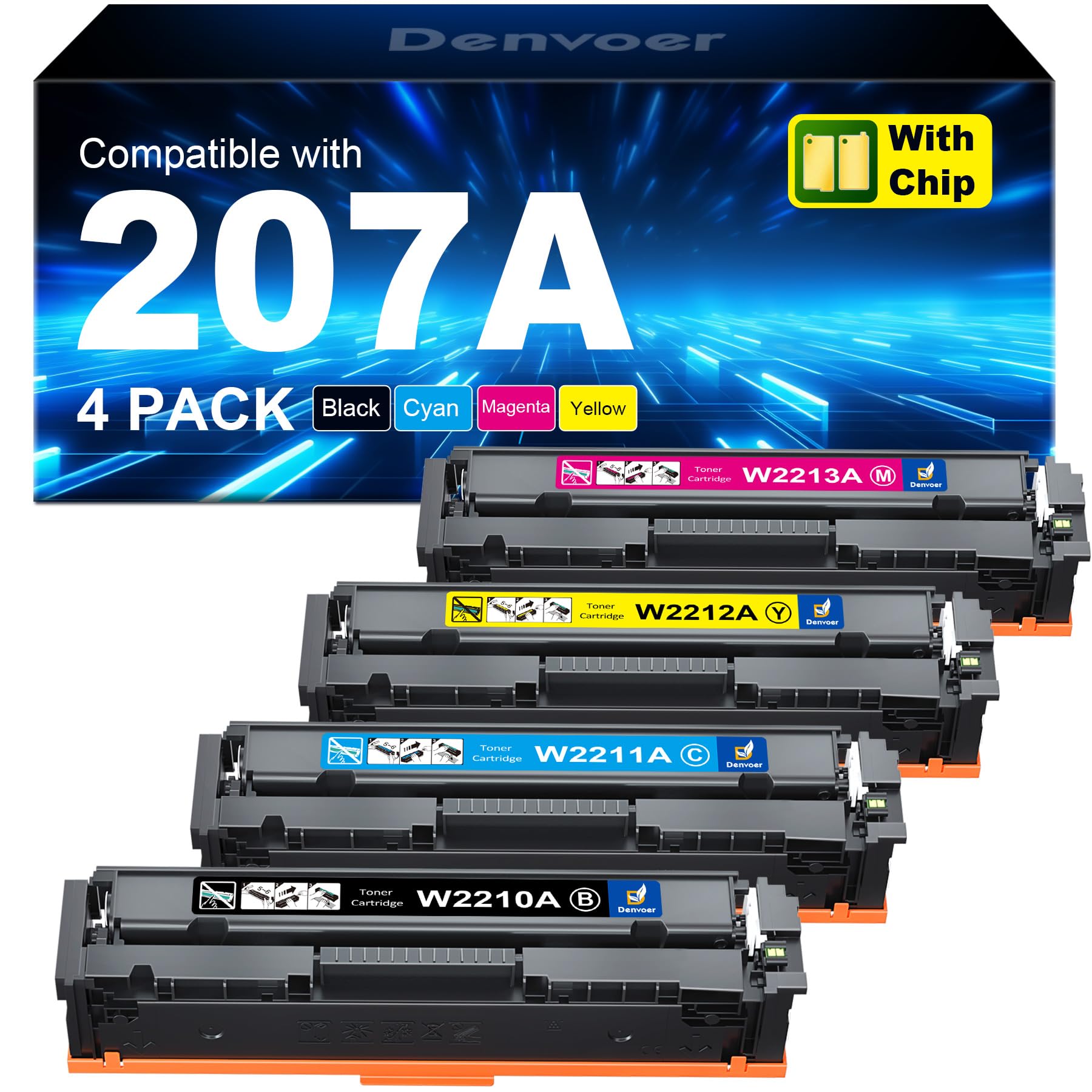 207A Toner mit Chip Kompatibel für HP 207A 207X für HP Color LaserJet Pro MFP M283fdw Toner Schwarz M283fdn M283cdw M282nw M255dw M255nw W2210A W2211A W2212A W2213A Schwarz Cyan Magenta Gelb 4-Pack