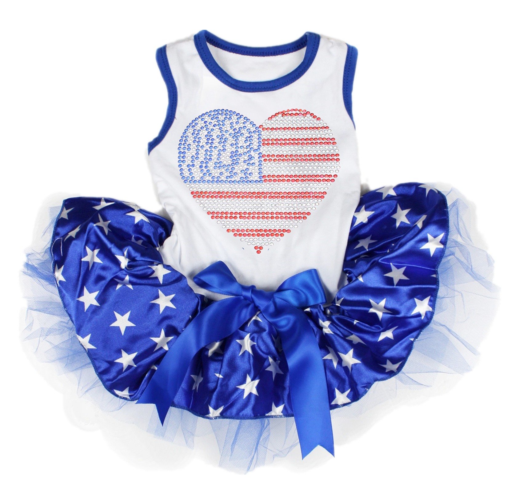 Petitebella Rhinestones USA Heart Puppy Dog Dress (White/Blue Stars, Medium)