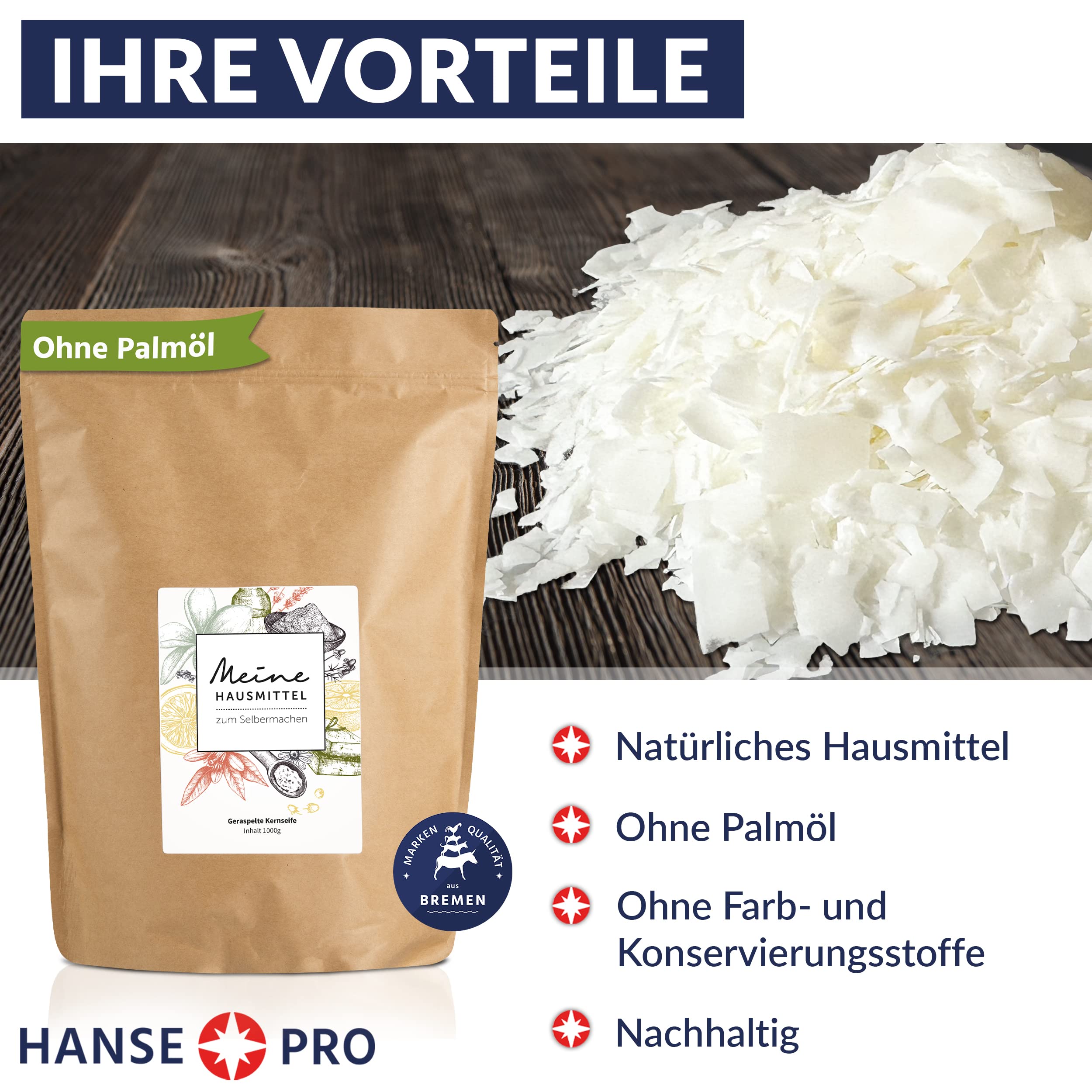 HANSE PRO Geraspelte Kernseife, 3 x 1000 g I Natürliches Hausmittel I ohne Palm-Öl, Farb- und Konservierungsstoffe I Nachhaltig I Seifenflocken