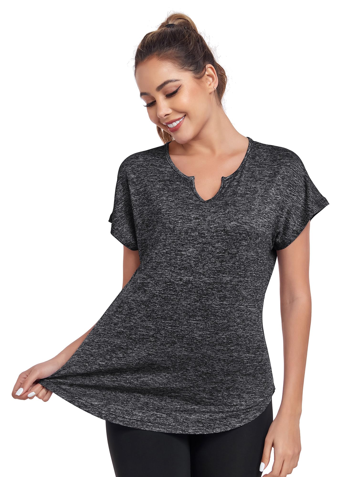 Abrooical Workout Tops for Women Short Sleeve V Neck Loose Fit T Shirt Outdoor Yoga Running Hiking Gym Tee Black Small