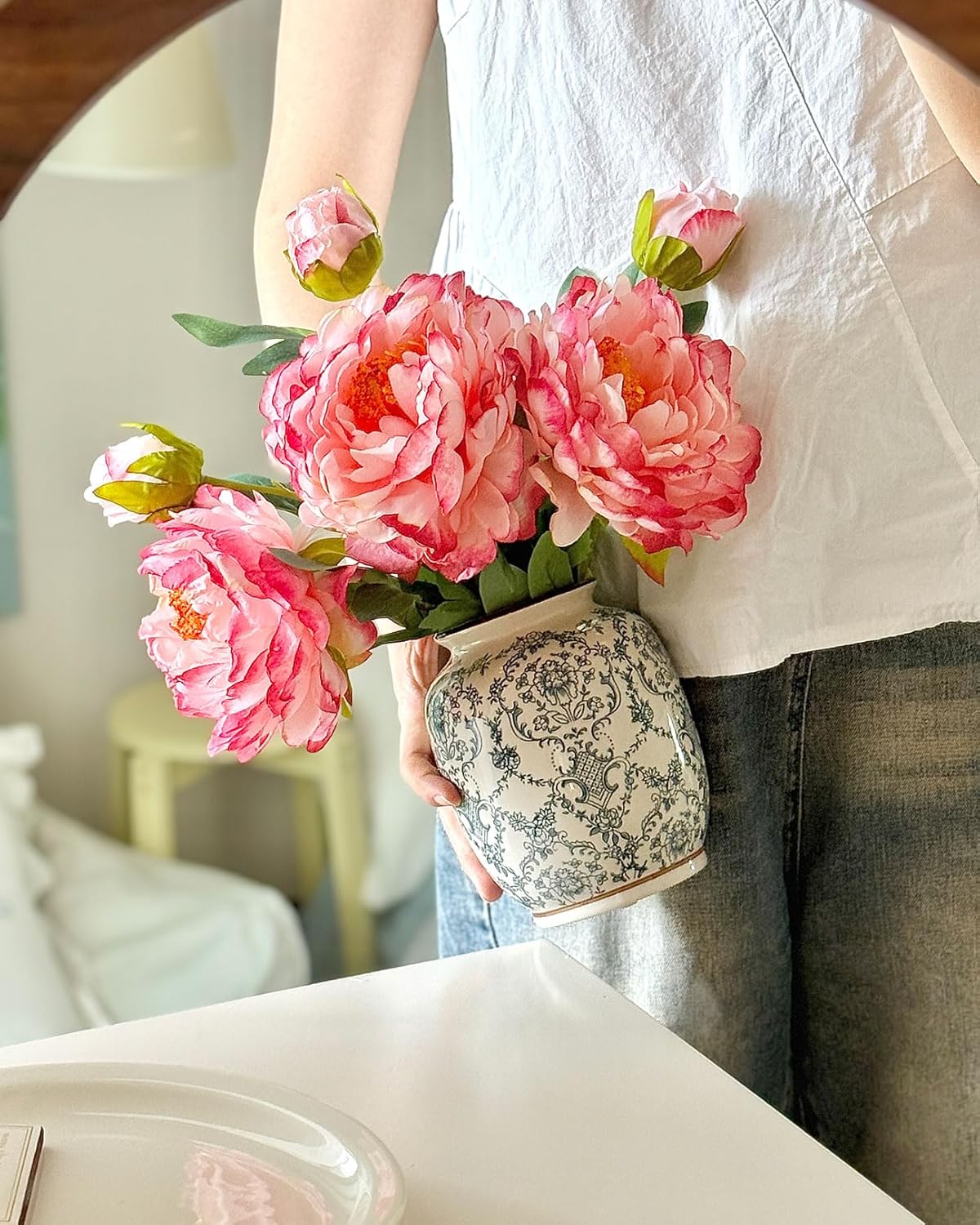 Vintage Chinoiserie Ceramic Vase, Porcelain Decorative Flower Vase for Centerpiece Living Room Table Shelf, Retro Country Decor - Image 4