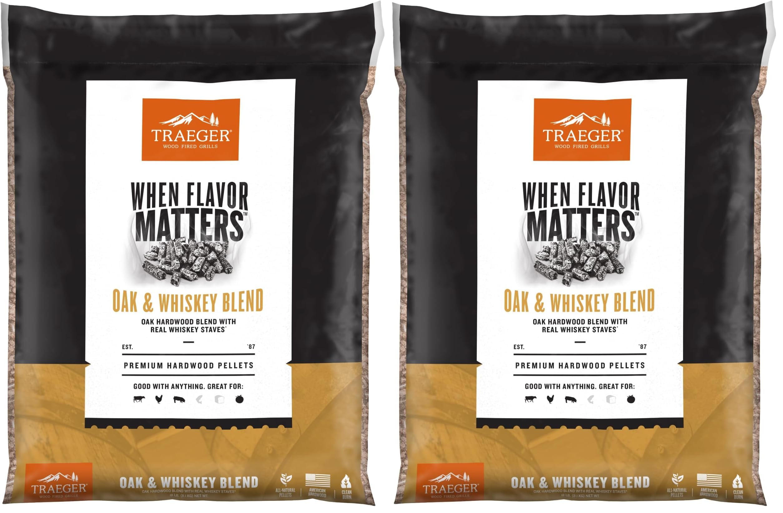 Traeger Grills Oak Whiskey Blend 100% All-Natural Wood Pellets for  Smokers and Pellet Grills, BBQ, Bake, Roast, and Grill, 18 Bag (Pack of  2)