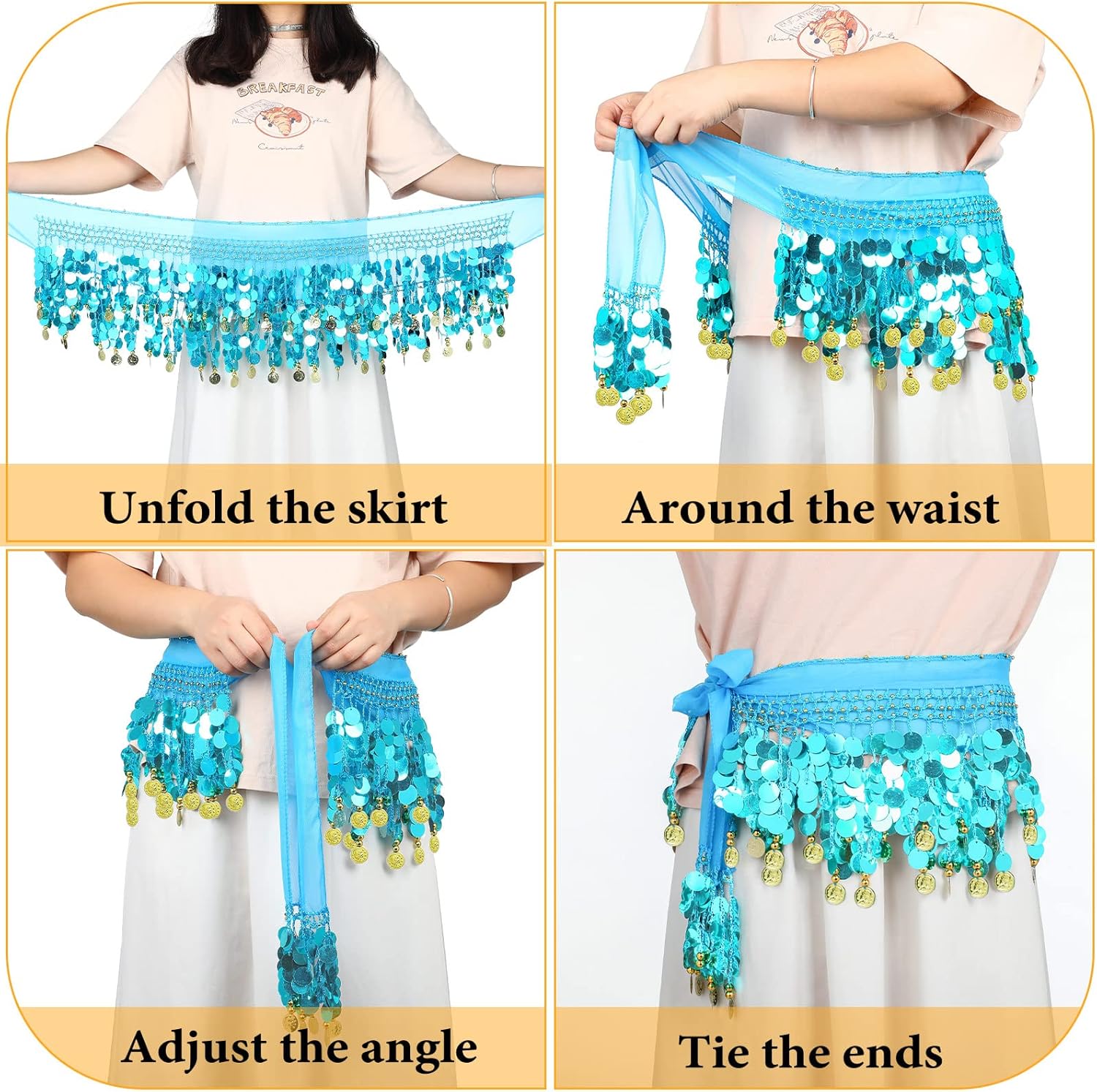 Yahenda 12 Pcs Belly Dance Hip Scarf Belly Dance Skirt with 108 Gold Waist Chain Coin Sash Chiffon Dangling Bling Wrap Belt (Bright Colors) - Image 5