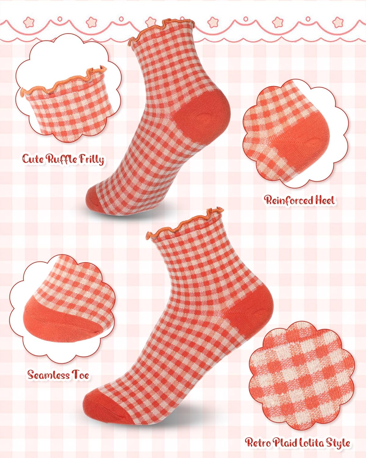 Syhood 12 Pairs Women Ruffle Socks, Gingham Ankle Socks Cute Checkered Striped Plaid Frilly for Women Cotton Knit Casual Crew Size 5-9 - Image 6