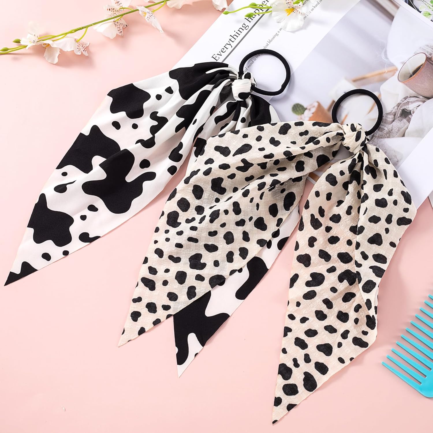 2pcs Cow Print Hair Band for Women, Non-Slip Spotted Rabbit Bunny Ear Bow Hair Tie Ropes, Bowknot Elastic Ponytail Holder Hair Scrunchies Accessories for Curly Straight Thin Thick Fine Hair - Image 7