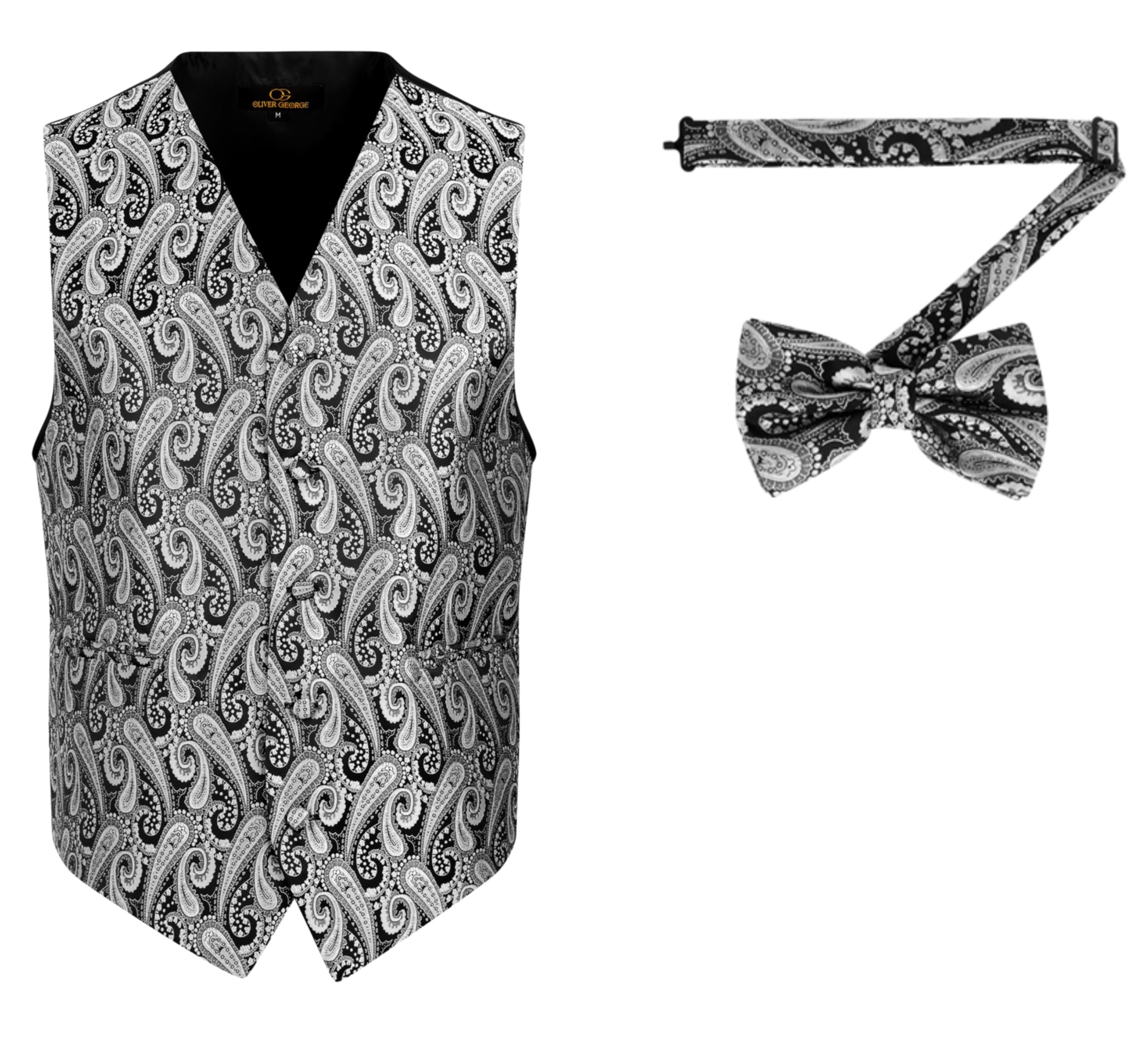 Oliver George Men's Silver Black 2Pc Paisley Formal Suit Vest Waistcoat Tuxedo Dress Vest Bowtie Set For Suit Or Tuxedo, 4XL