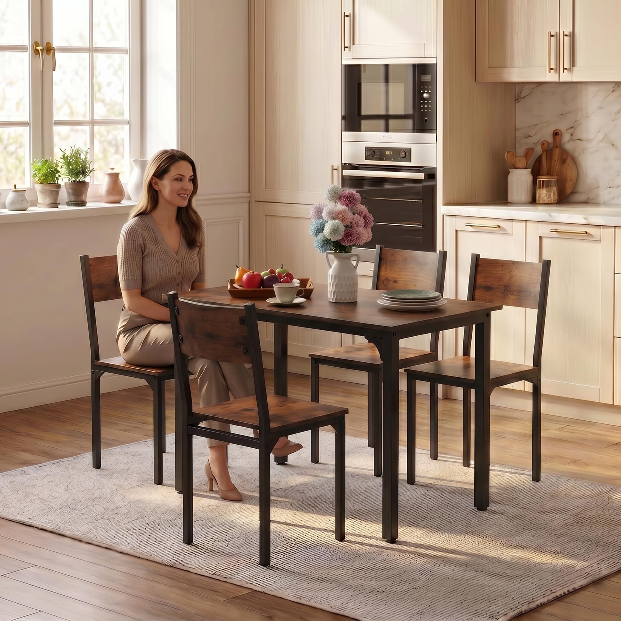 OC Orange-Casual 5-teilig Esszimmertisch Set, Esszgruppe für 4 Personen, Esstisch mit 4 Stühle aus MDF& Metall, Esszimmergruppe im Industrial-Look für Esszimmer, Küche, Vintagebraun (2 Packet)