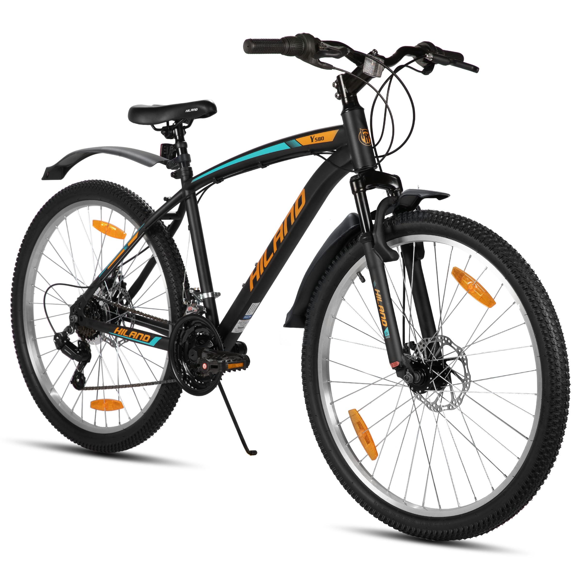 Hiland Mountainbike 26/27,5 Zoll, 18 Gang Herren und Damen MTB mit Doppelte Scheibenbremsen, 26 Zoll Mountainbike für Erwachsene mit Federgabel, MTB für Männer und Frauen, Orange/Gelb