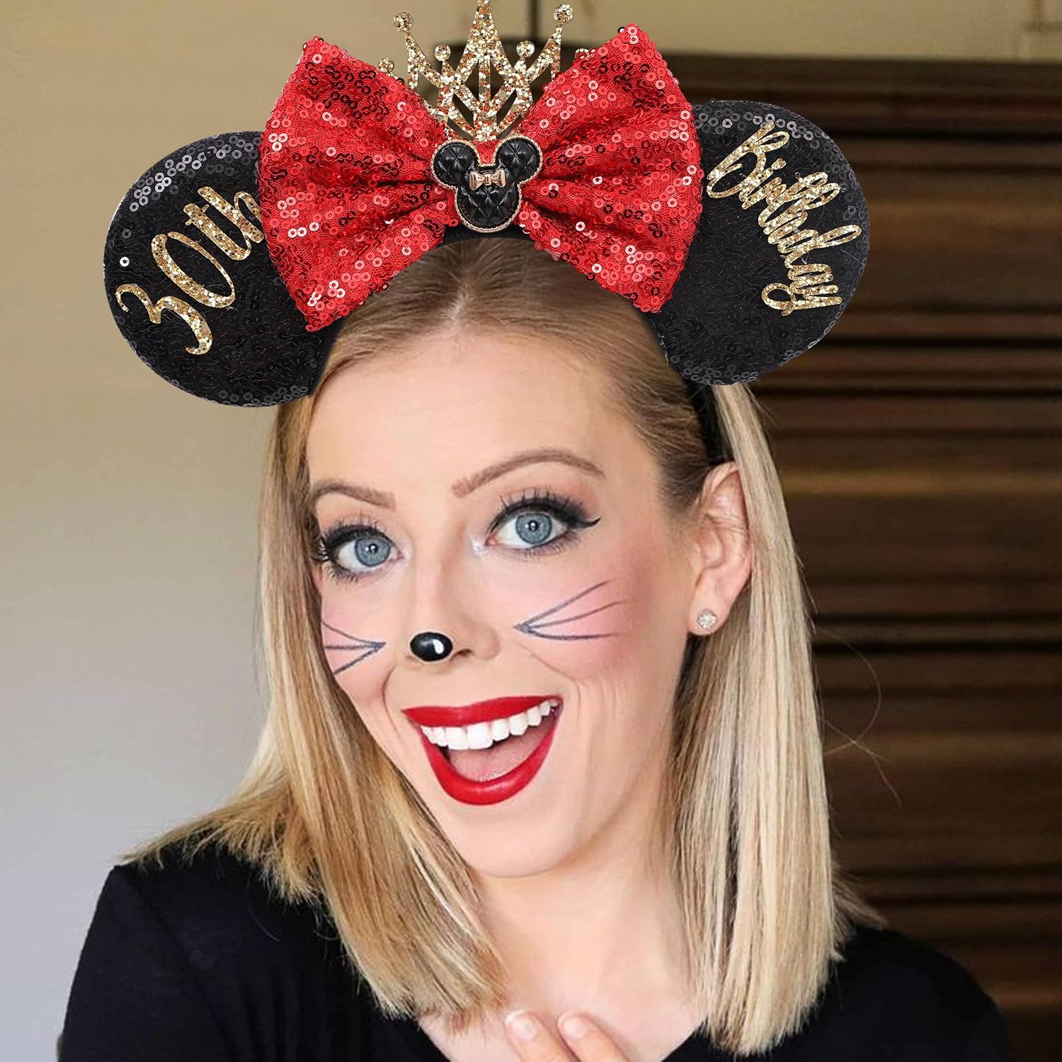 WAOUH Women's 30th Birthday Headband, Sparkling Mouse Ears with Red Satin Bow, Elegant Party Photo Props for Her, Celebration Accessories (30th Birthday Headband)