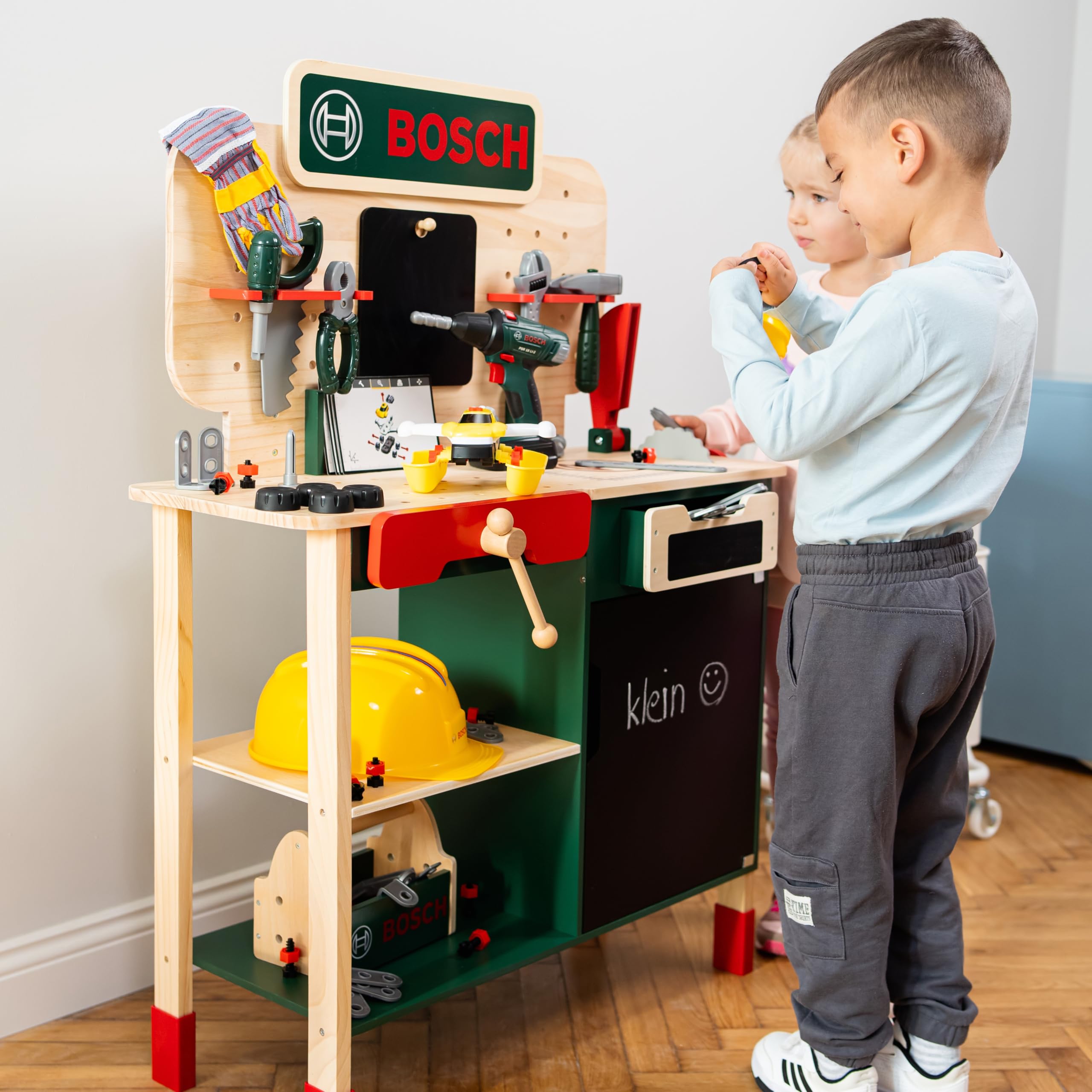 Theo Klein 8768 Bosch Banco da Lavoro Bosch in Legno | Robusto Piano di Lavoro per Bambini con Altezza Regolabile